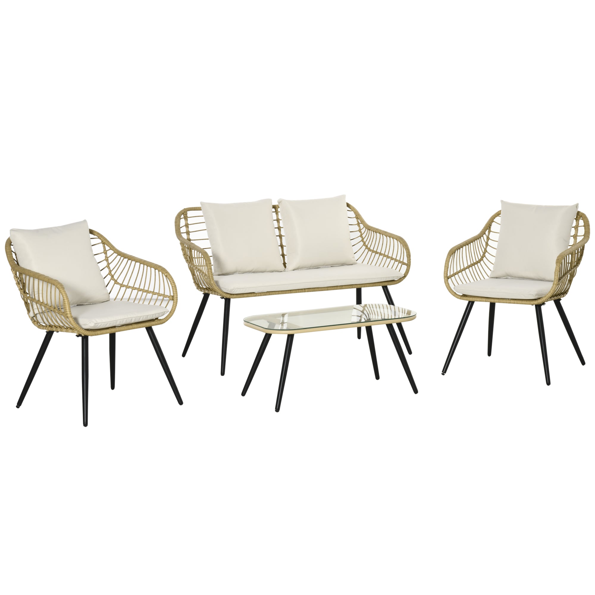 Set 4 Pezzi da Esterno 2 Sedie Divano 2 Posti e Tavolino con Piano in Vetro in Rattan PE Naturale e Crema