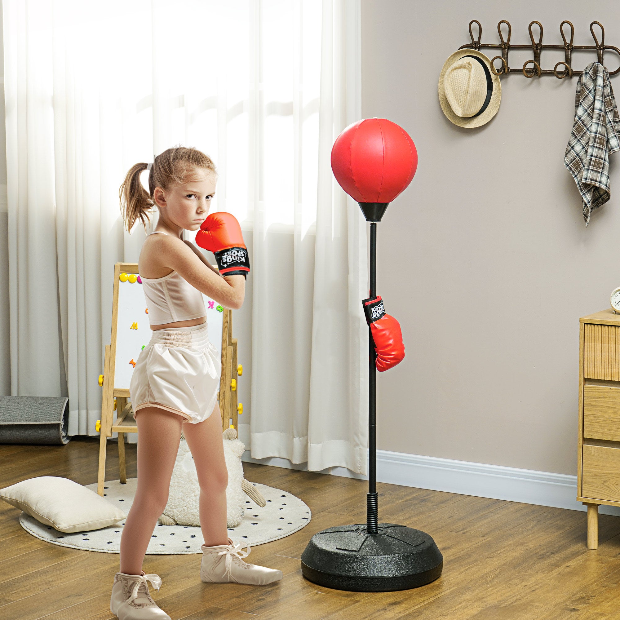 Set Boxe Giocattolo per Bambini H122,5-147 cm con Sacco da Pugilato da Terra e Guantoni Rosso 