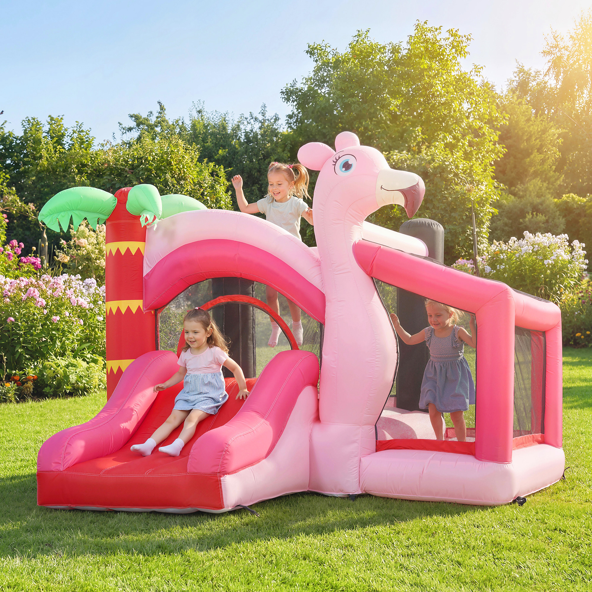 Castello Gonfiabile per Bambini 255x230x196 cm con Scivolo Trampolino Vasca di Palline e Canestro Basket Rosa...