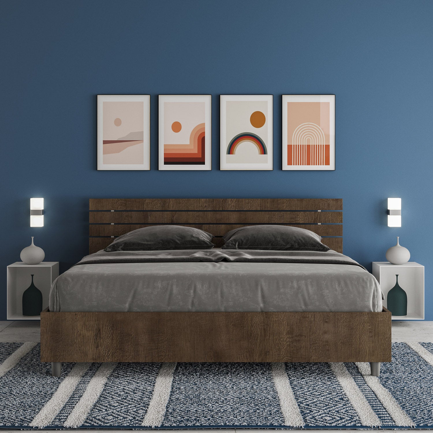 Letto Matrimoniale 160x200 cm Senza Rete Testata Doghe Dritta Ankel Noce...