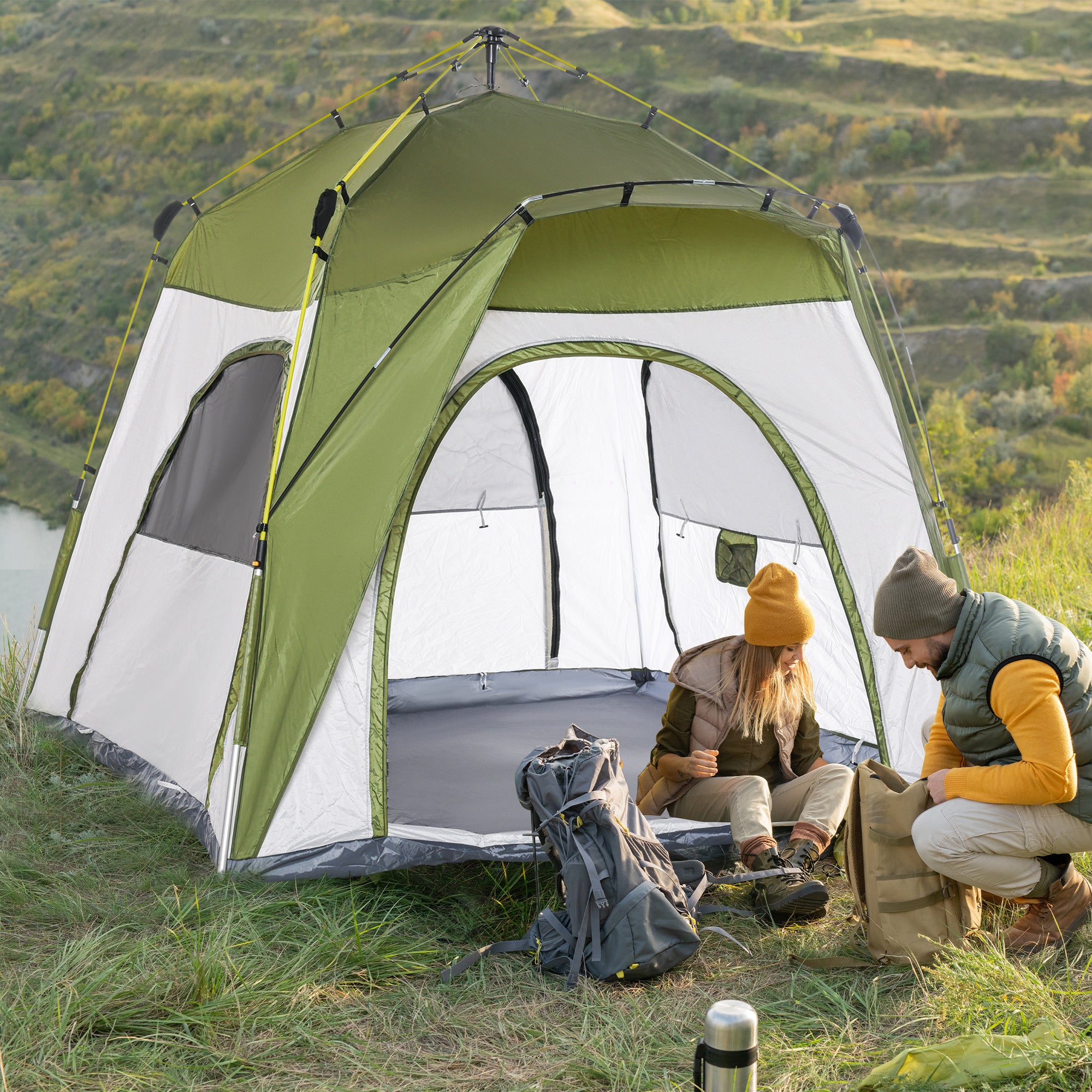 Tenda da Campeggio 2 Posti Pop Up 240x240x199 cm con Porta a Cerniera e 3 Finestre Verde...
