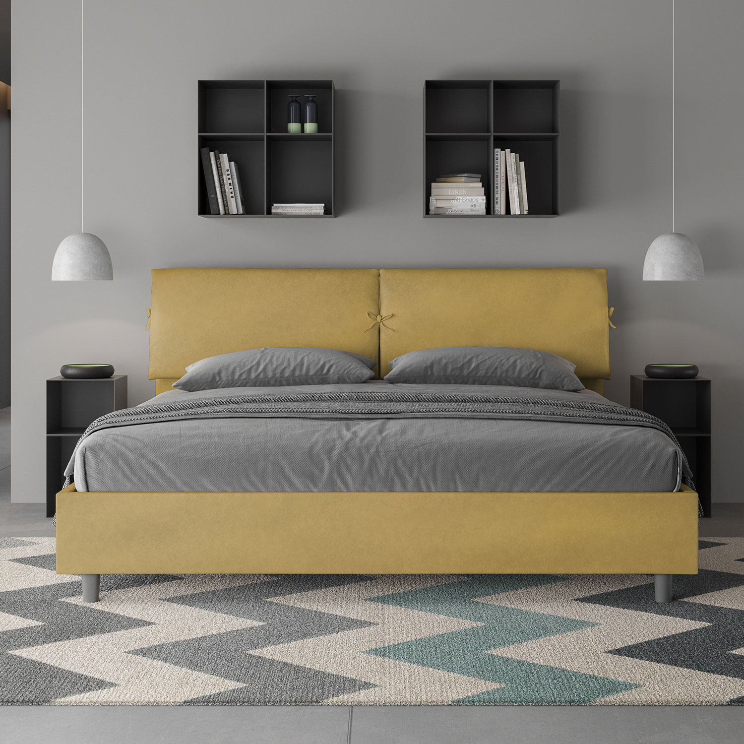 Letto Matrimoniale King Size 180x200 cm Senza Rete Testata con Cuscini Imbottito in Microfibra Mados Ocra...