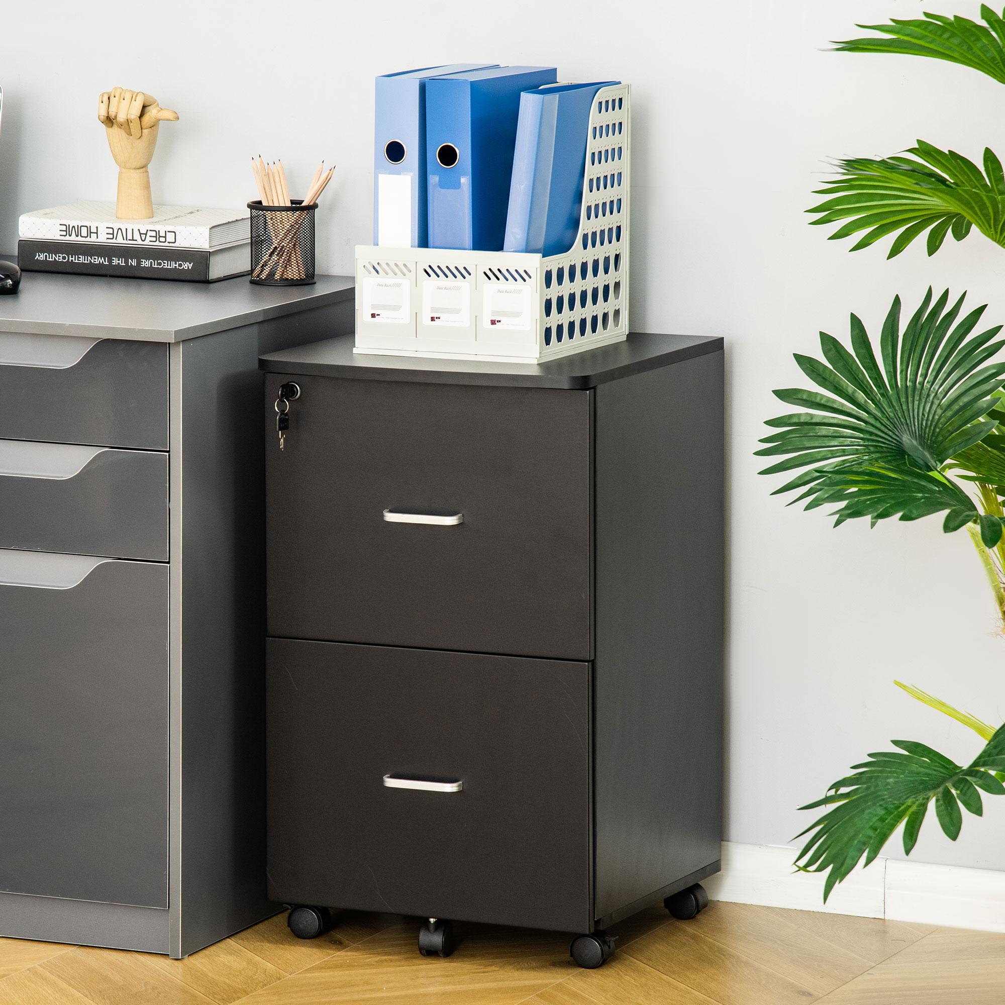 Cassettiera 2 Cassetti da Ufficio 43x45x72 cm con Ruote in MDF e Truciolato Nero