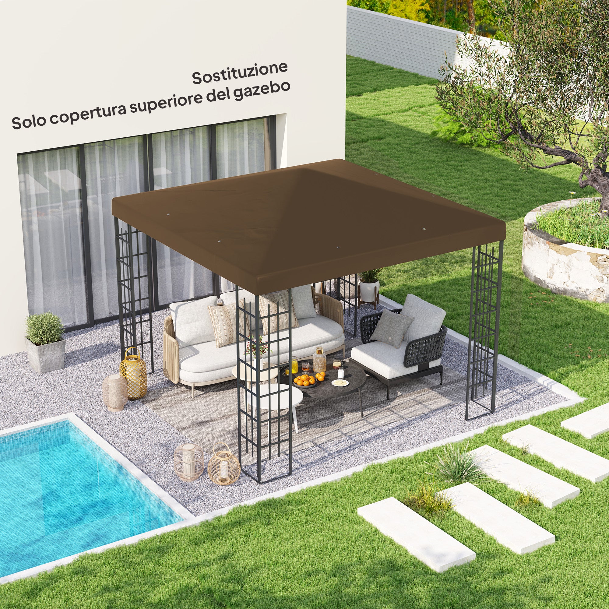 Copertura per Gazebo da Giardino 298x298 cm in Tessuto Oxford 600D con Fori di Drenaggio Marrone...