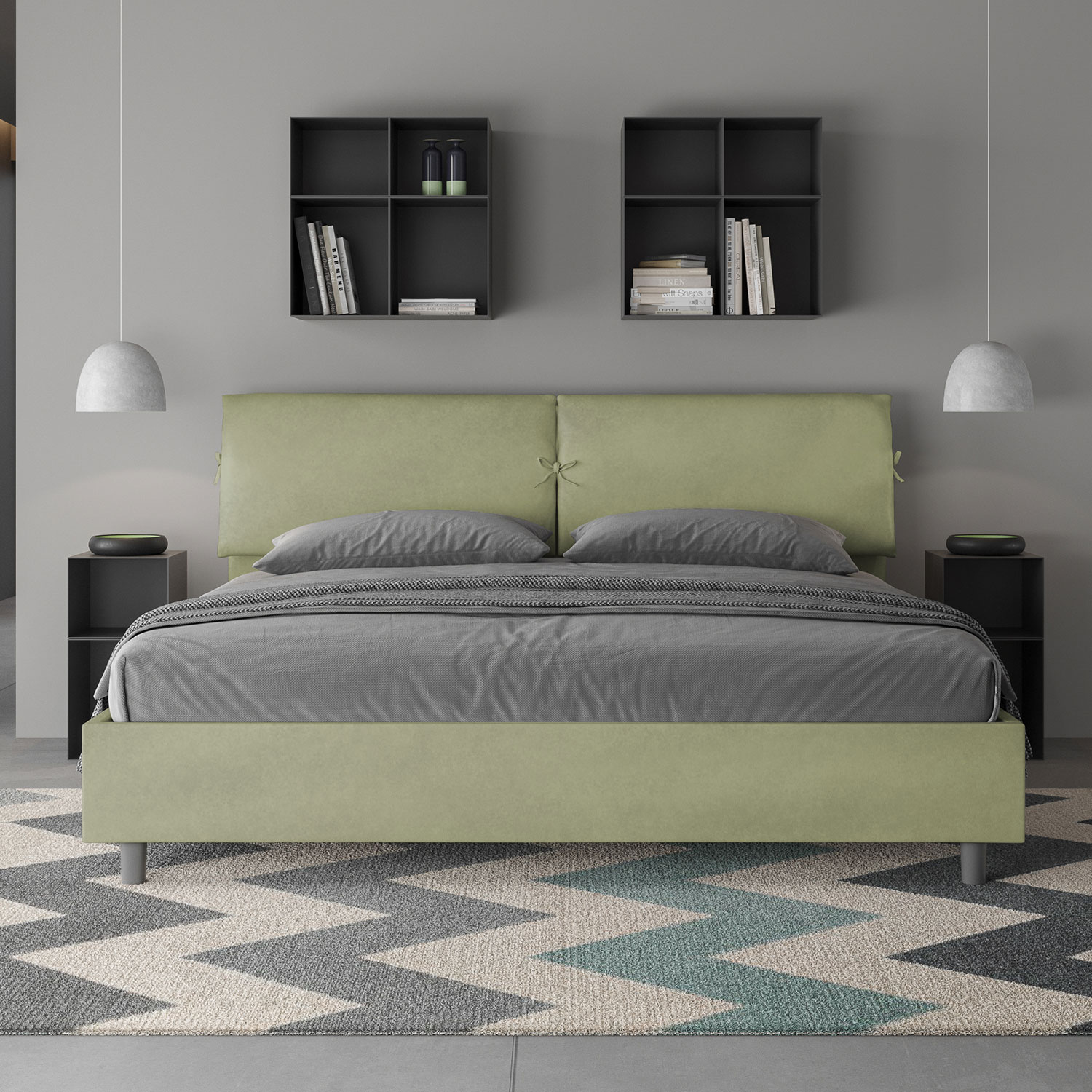 Letto Matrimoniale King Size 180x200 cm Senza Rete Testata con Cuscini Imbottito in Microfibra Mados Tè Verde...