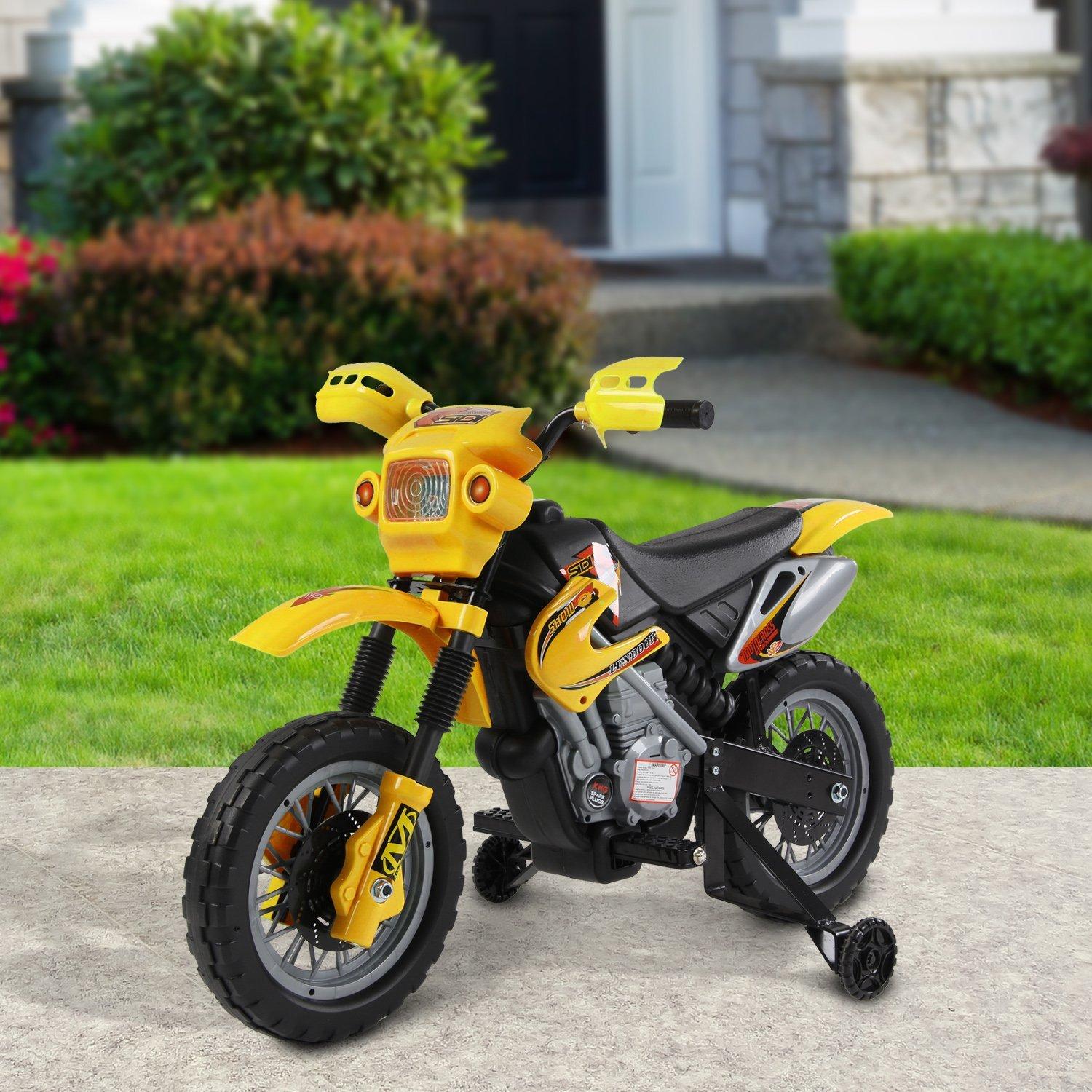 Moto Cross Elettrica per Bambini 6V con Rotelle Giallo...
