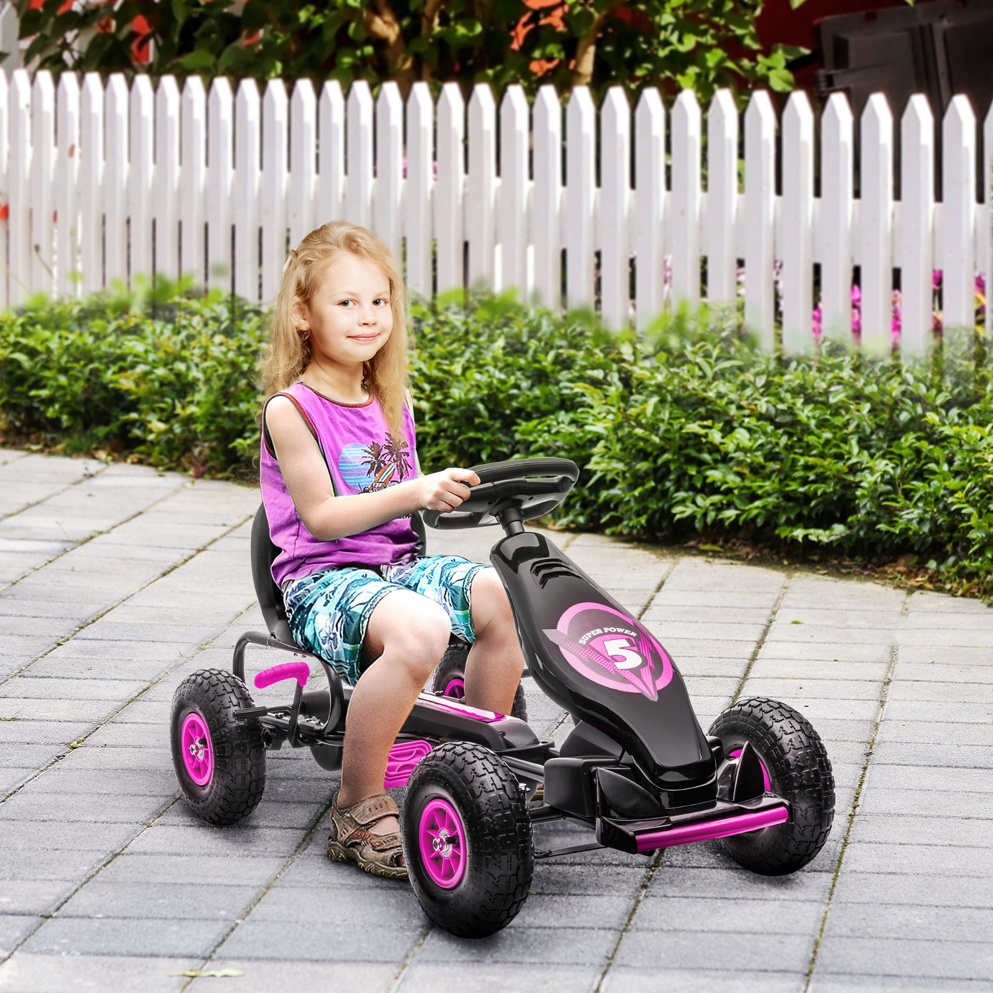 Go Kart a Pedali per Bambini 5-12 Anni 121x58x61 cm in Metallo e PP Rosa e Nero...