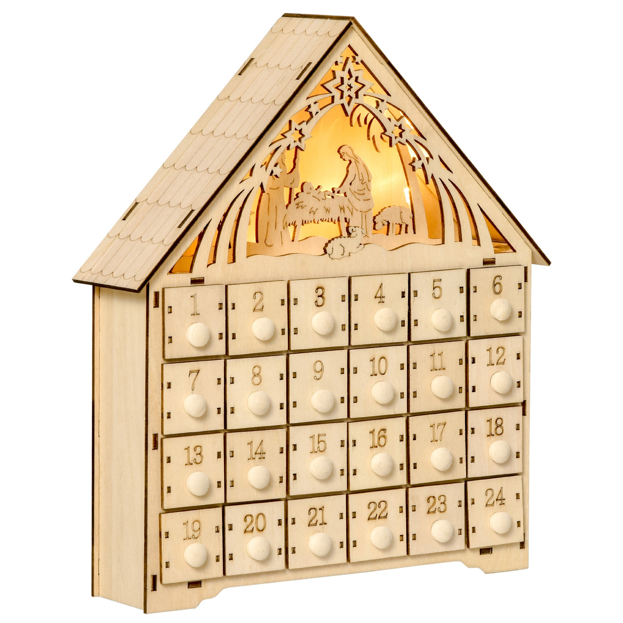 Calendario dell'Avvento 26,6x6x30 cm 24 Cassetti e Presepe Intagliato in Legno