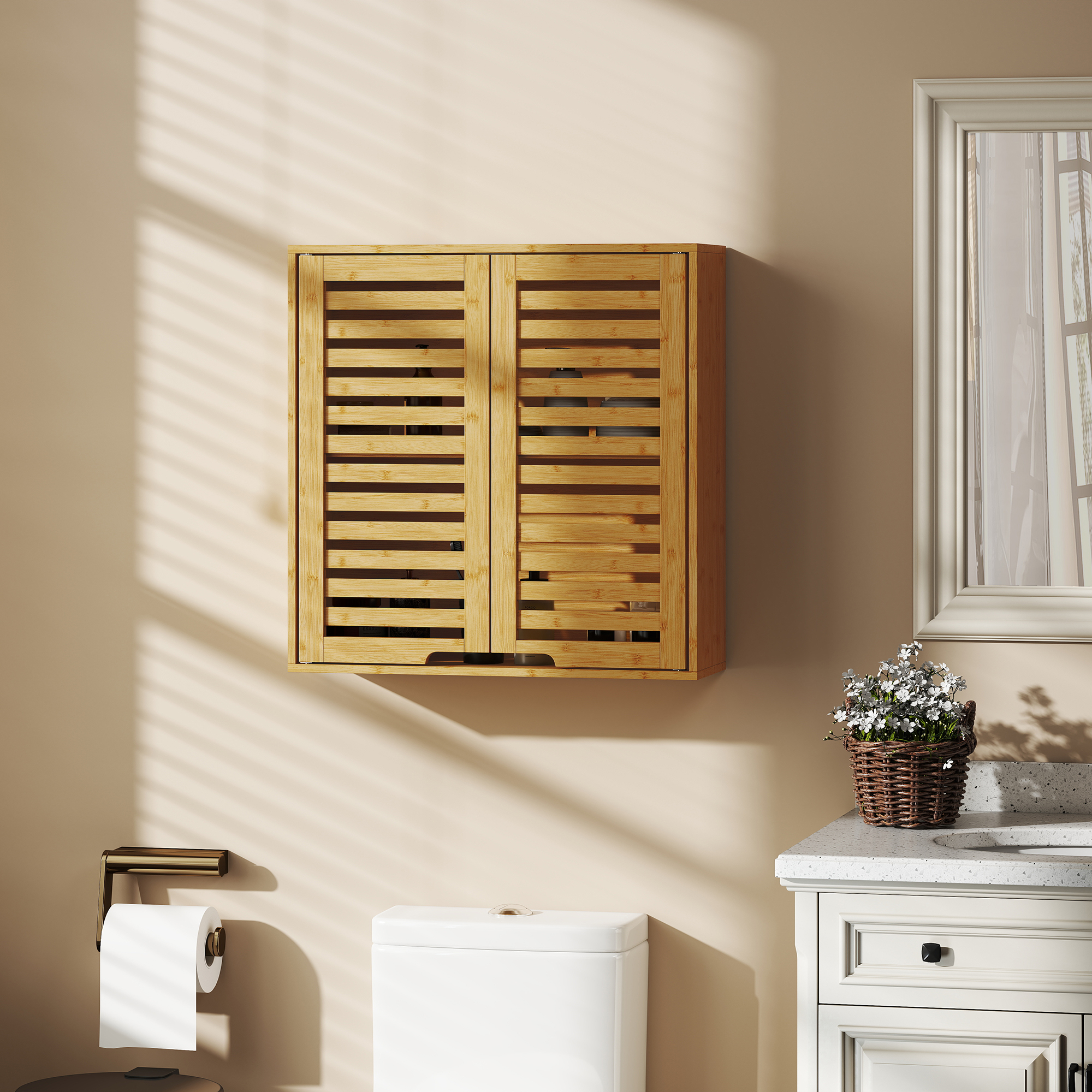 Pensile Bagno 60x20x60 cm con Ripiano Interno e Ante a Persiana in Bambù Color Legno...