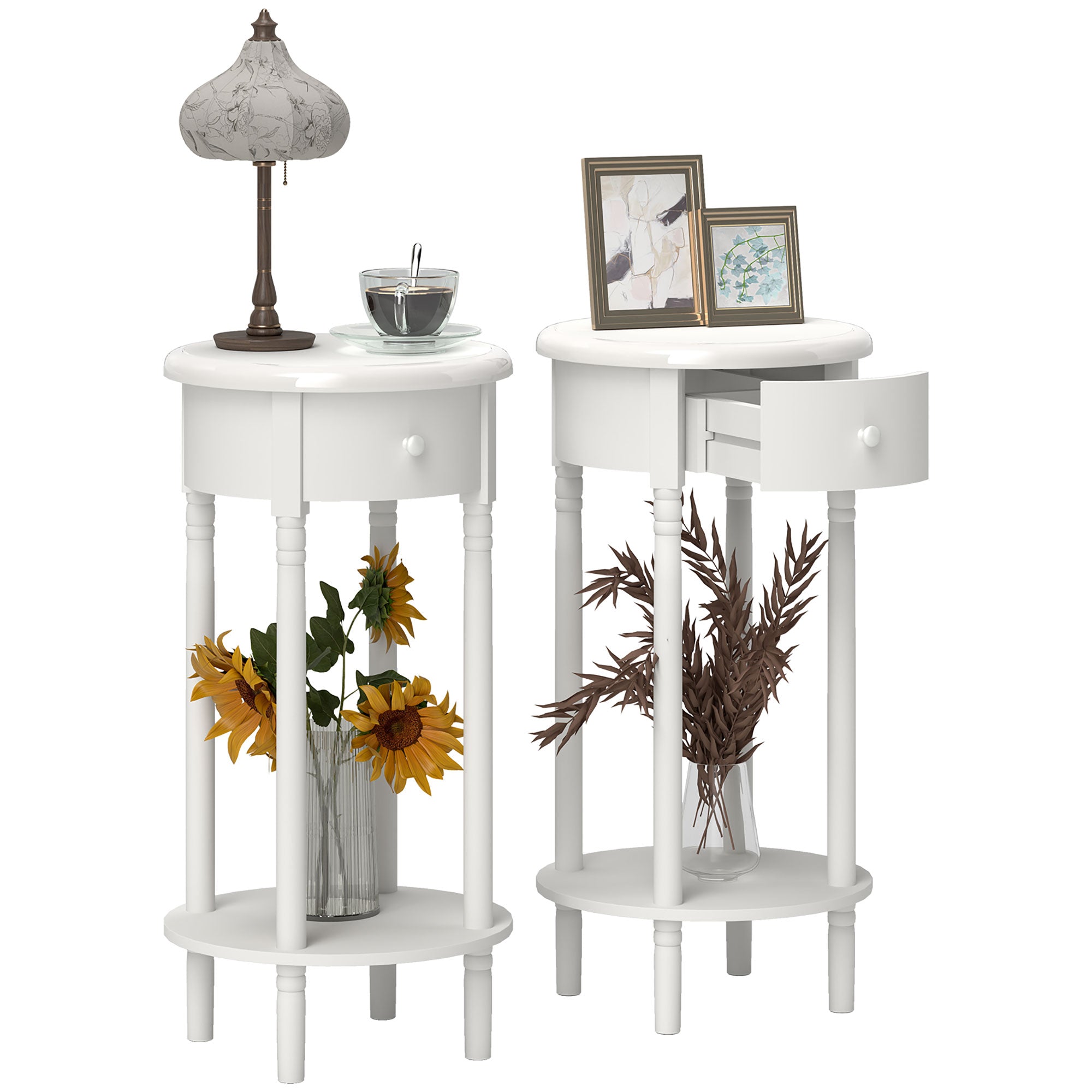 Set 2 Comodini con Cassetto Rotondi Ø35,5 x 71 cm in Legno Bianco