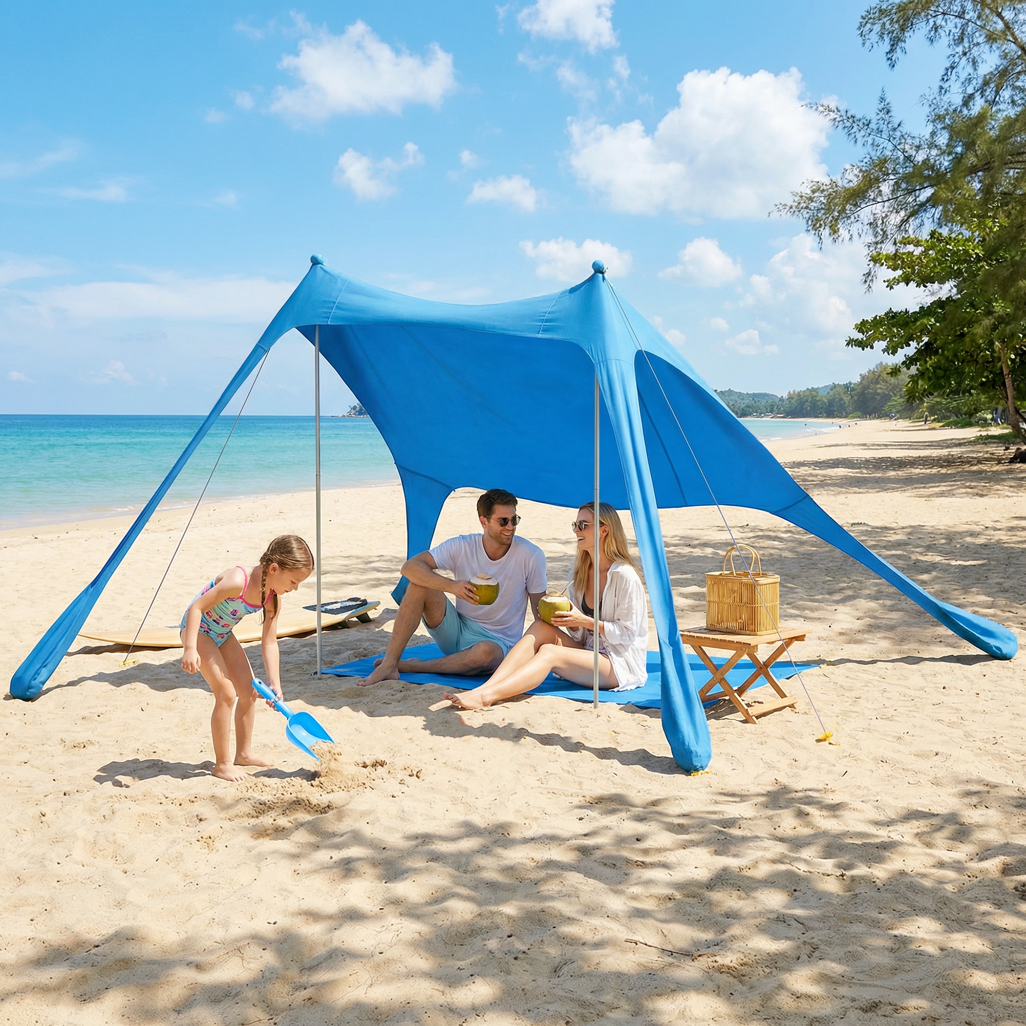 Tenda Spiaggia 2-4 Persone Tappetino Pala Protezione Solare UPF50+ Azzurro...