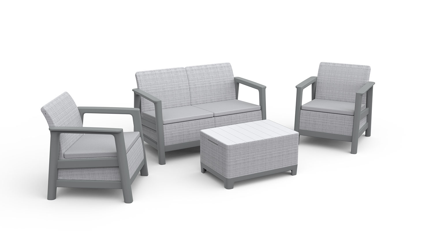 Set Salotto da Giardino 4 Pezzi Divano Poltrone e Tavolino Contenitore Keter Scandi Linea Effetto Juta Grigio Chiaro e Grigio Scuro...