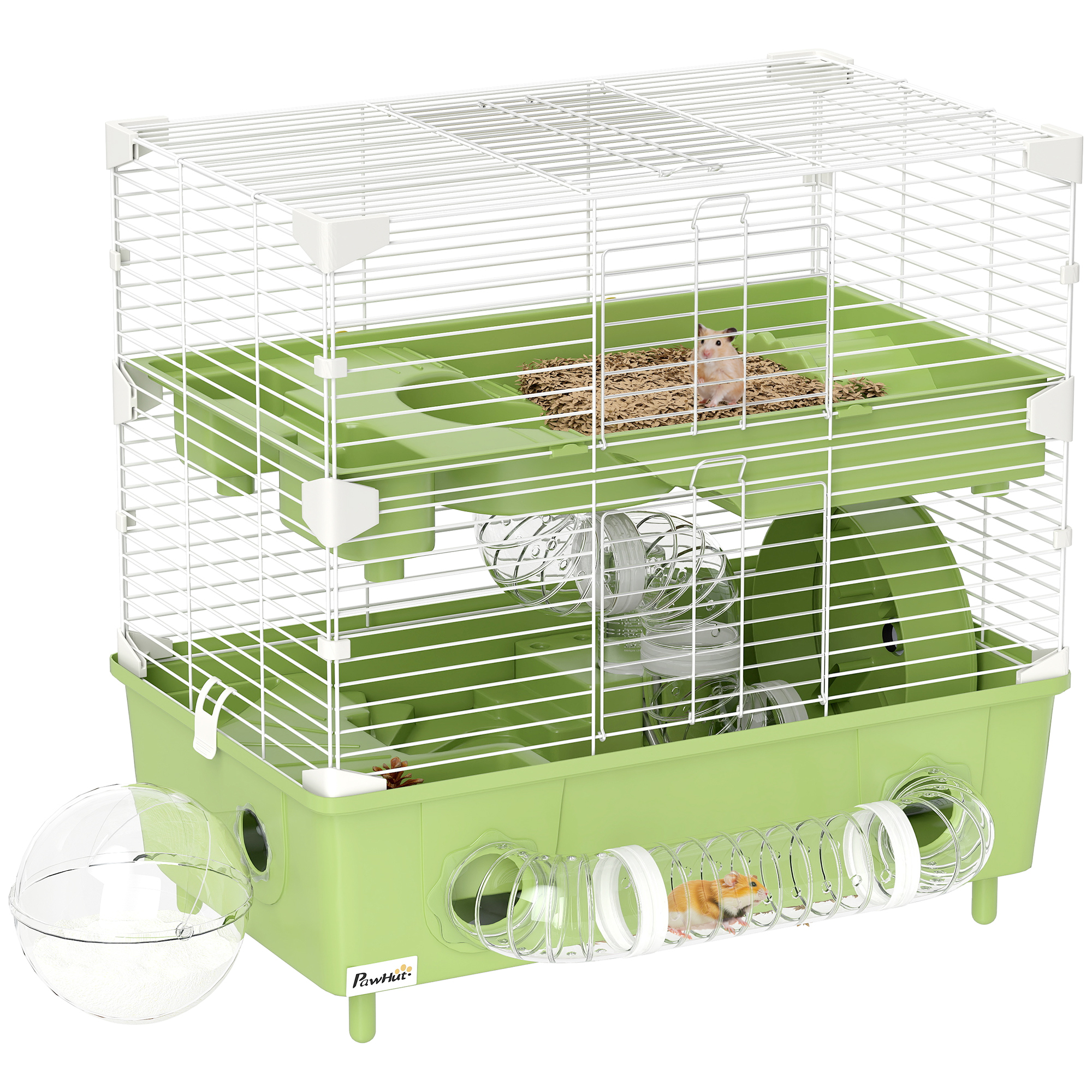 Gabbia per Criceti a 2 Livelli 44,5x28x44 cm 3 Porte con Ruota e Tubi Verde e Bianco