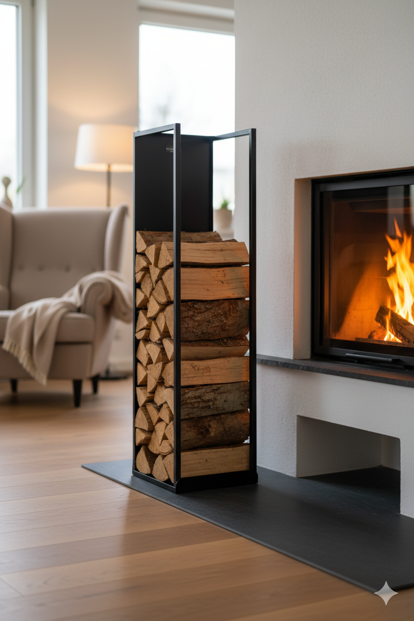 Portalegna per Camino 32x35x120cm in Ferro Verniciato Nero Opaco...