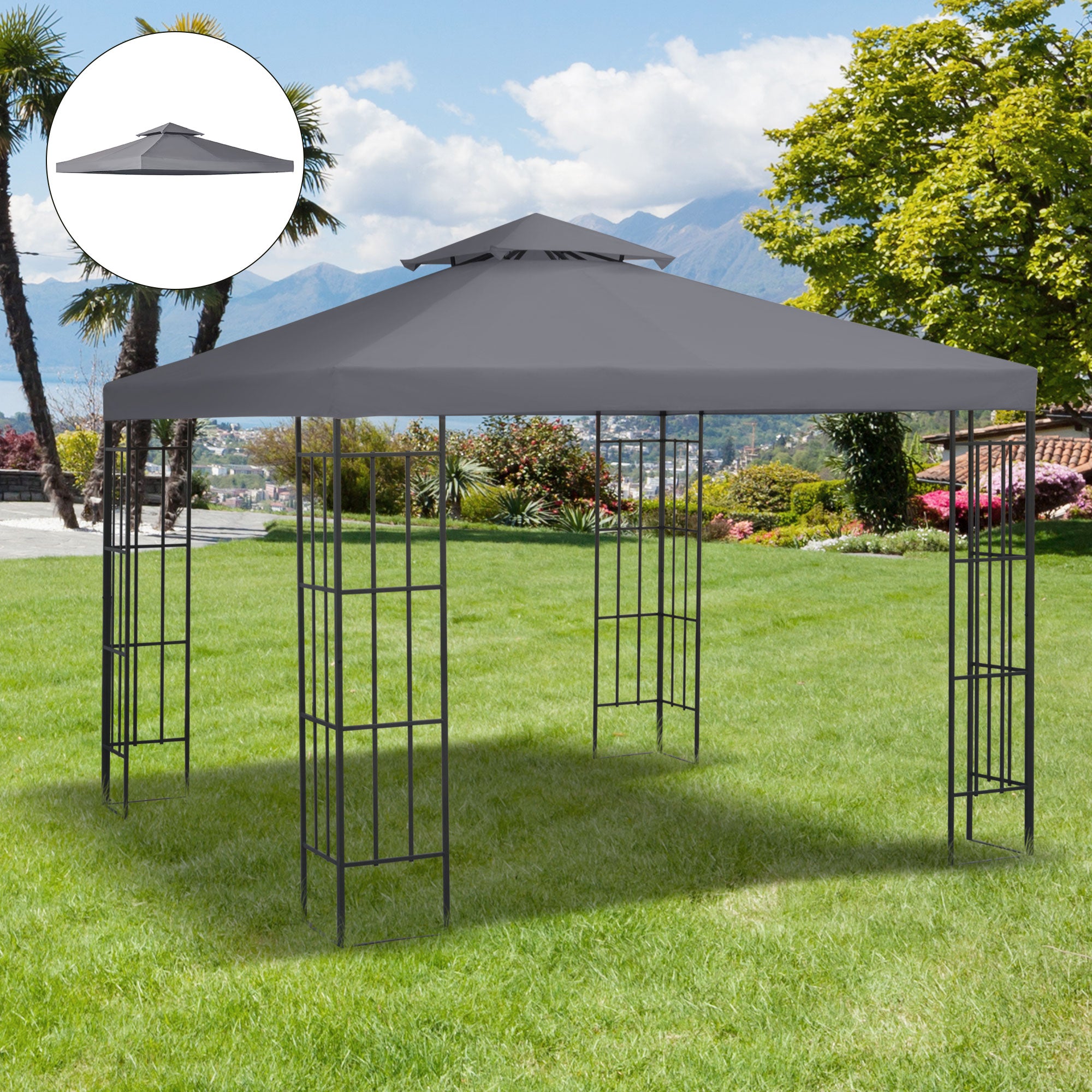 Tetto di Ricambio per Gazebo 3x3m a 2 Livelli e Resistente ai Raggi UV Grigio Scuro...