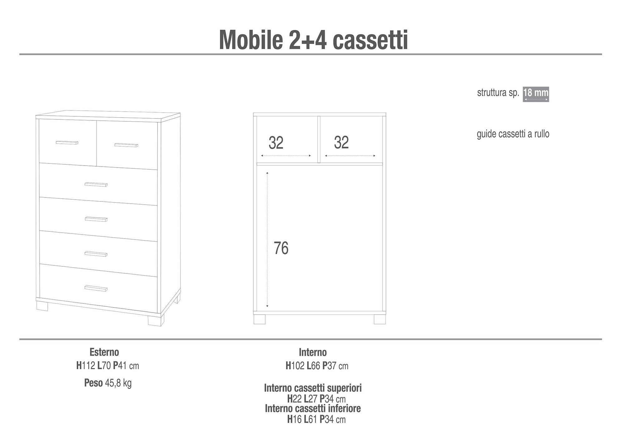 Mobile 4+2 Cassetti 70x112x41 cm Cemento...