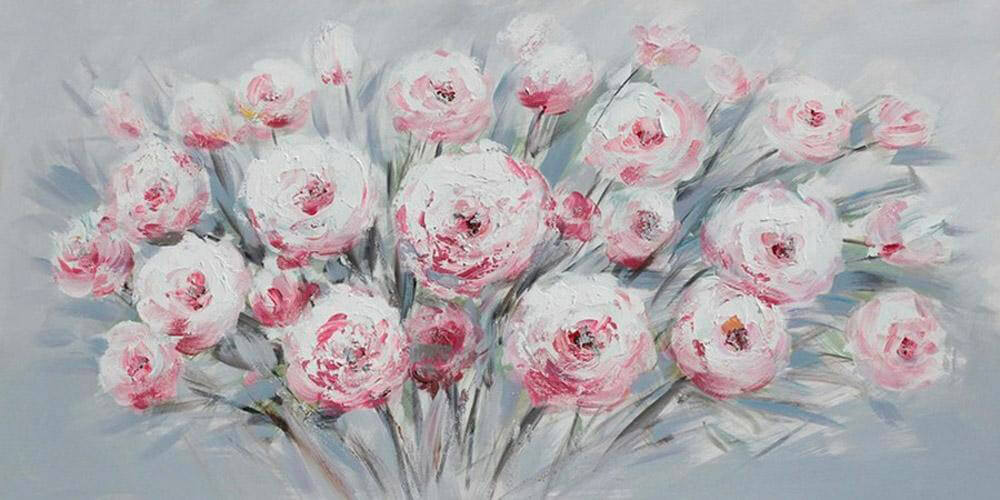 Quadro Dipinto Fiori Rosa 120x60 cm Cornice in Abete Multicolor