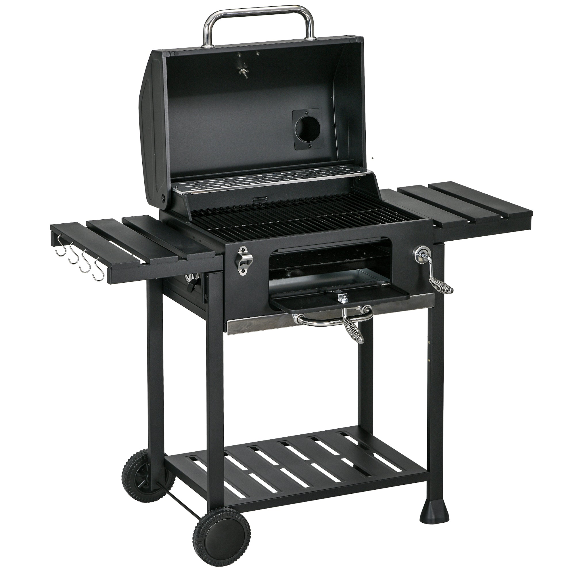 Image of Barbecue a Carbone Griglia Regolabile con Coperchio Ruote e Tavolini Nero