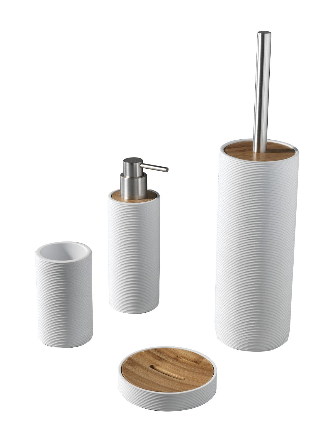 Set 4 Accessori da Bagno in Resina TFT Accessories Bianco Rigato e Bambù