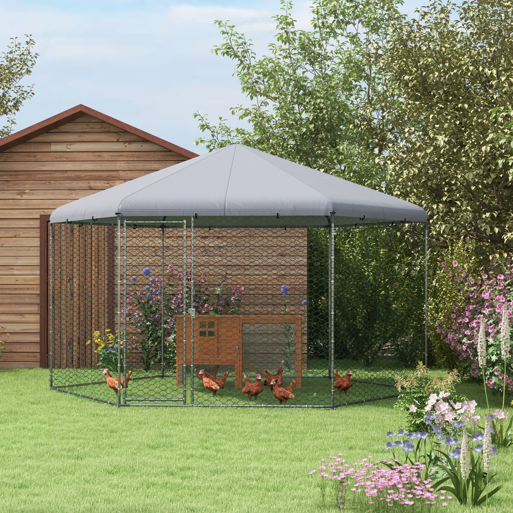 Pollaio Gabbia per Galline da Esterno 4x3,5x2,6m in Acciaio e Tessuto Oxford Argento...