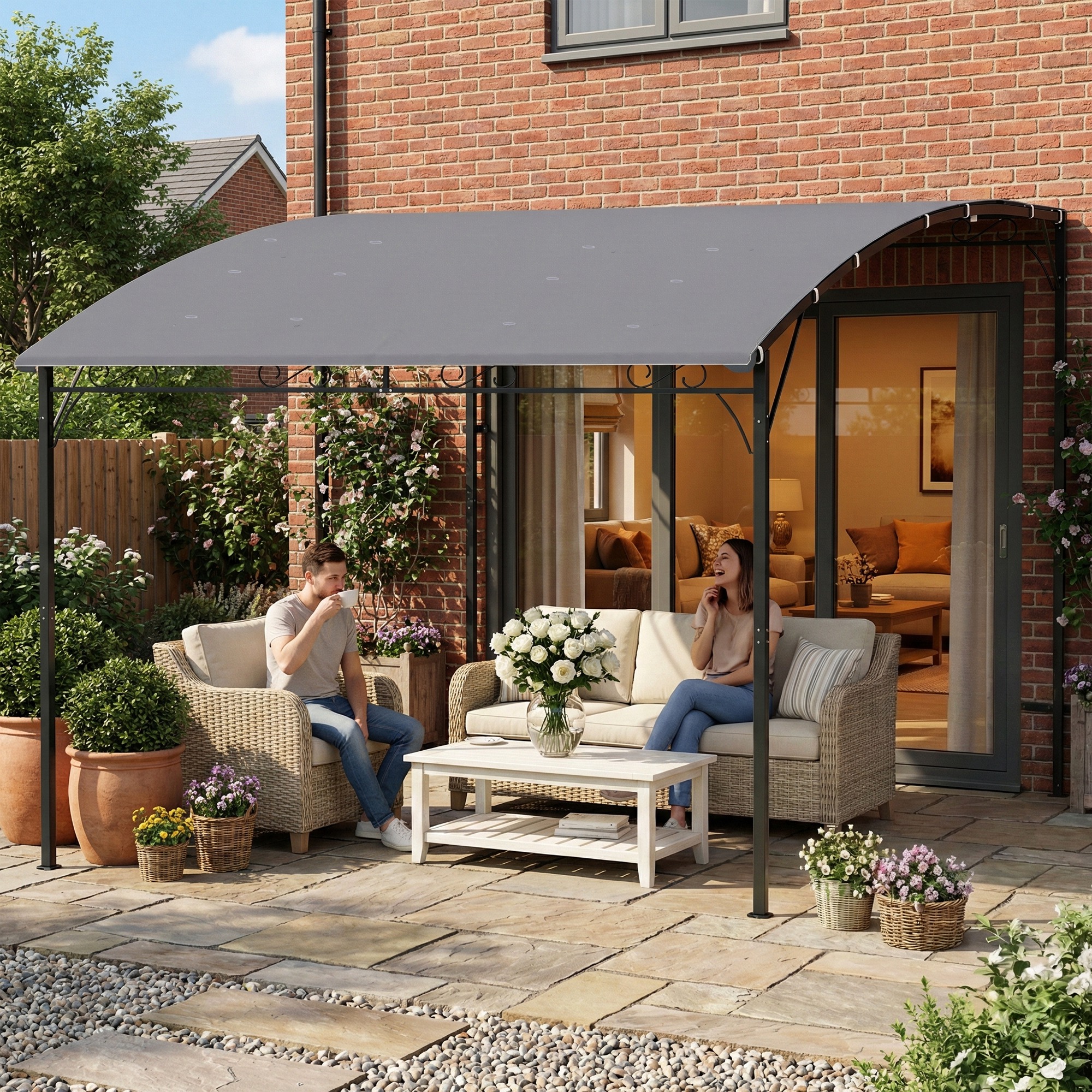 Gazebo Pergola da Giardino 286x384x252 cm con 16 Fori di Drenaggio in Metallo e Poliestere Grigio...