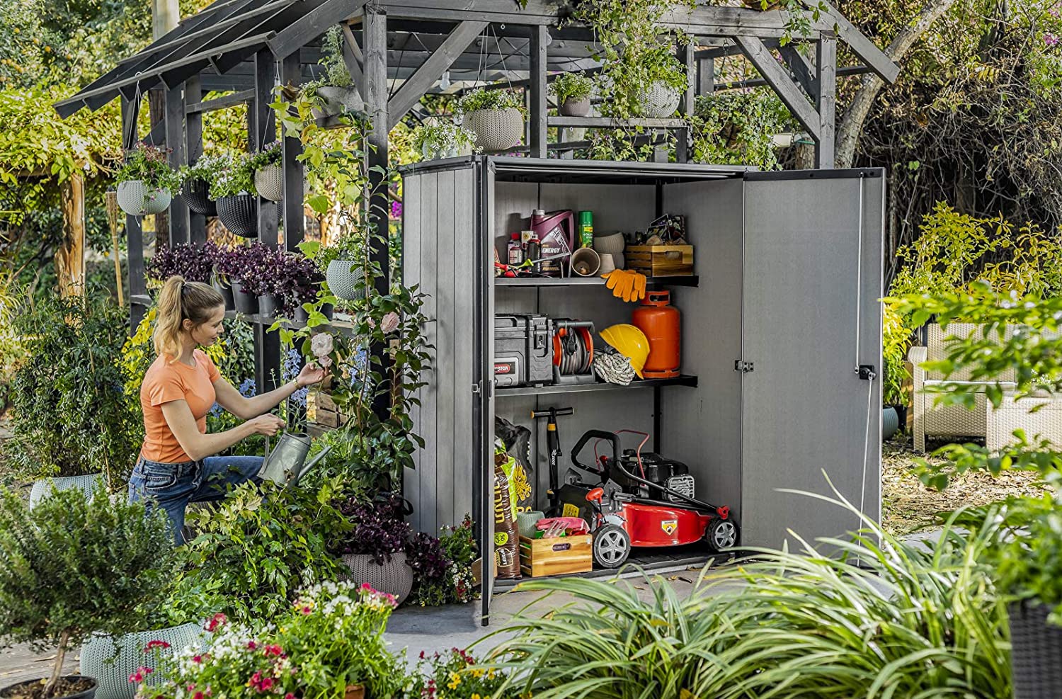 Armadio Porta Attrezzi da Giardino 140x170,4x73,6 cm in Resina Keter Hight Store Grigio...