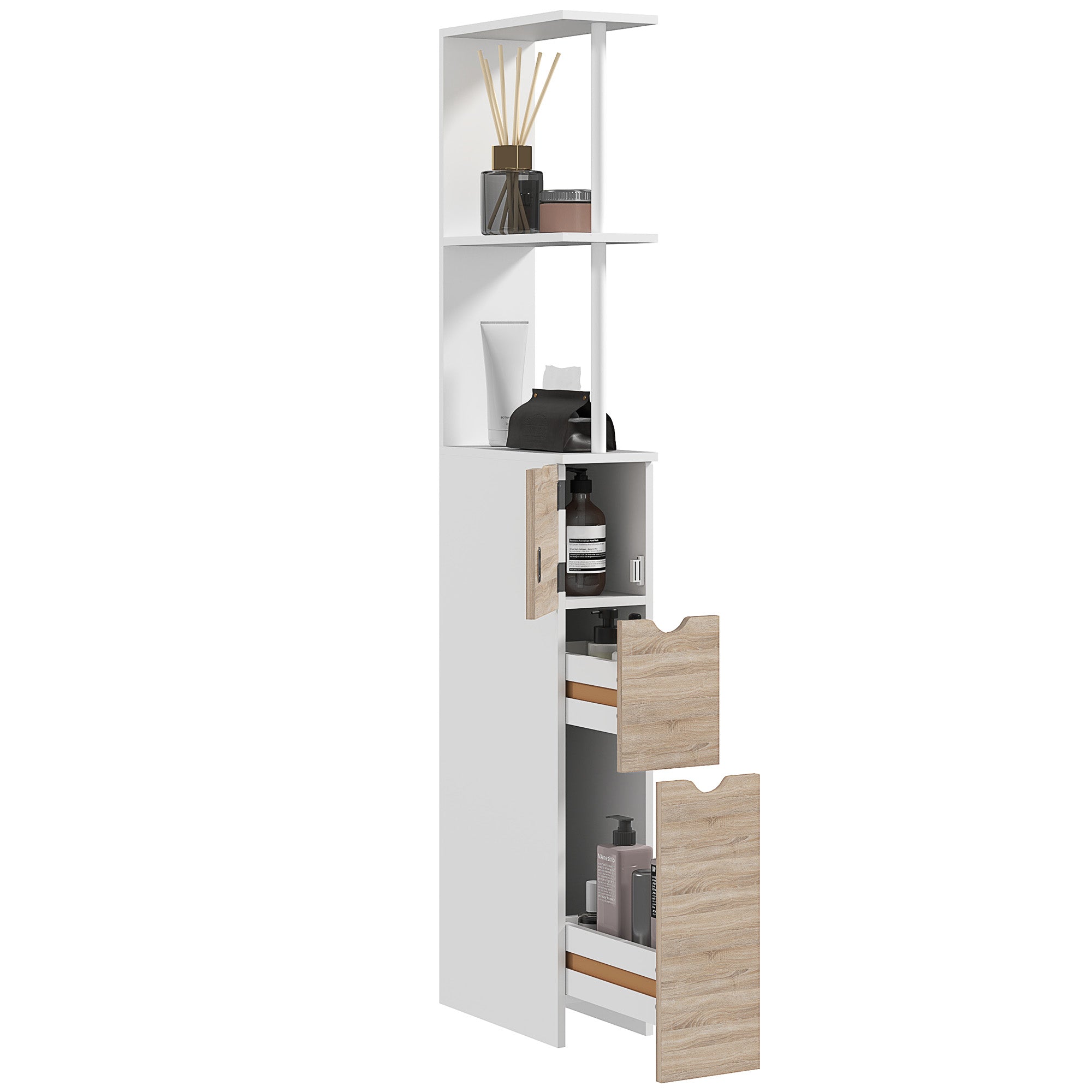Mobile Colonna Bagno Salvaspazio 15x33x136 cm con Armadietto e Ripiani Legno e Bianco