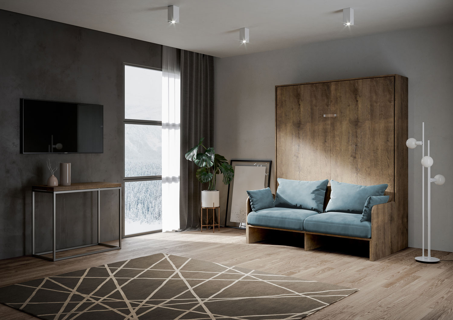 Letto Matrimoniale A Scomparsa 160 Kentaro Con Divano Noce e Azzurro...