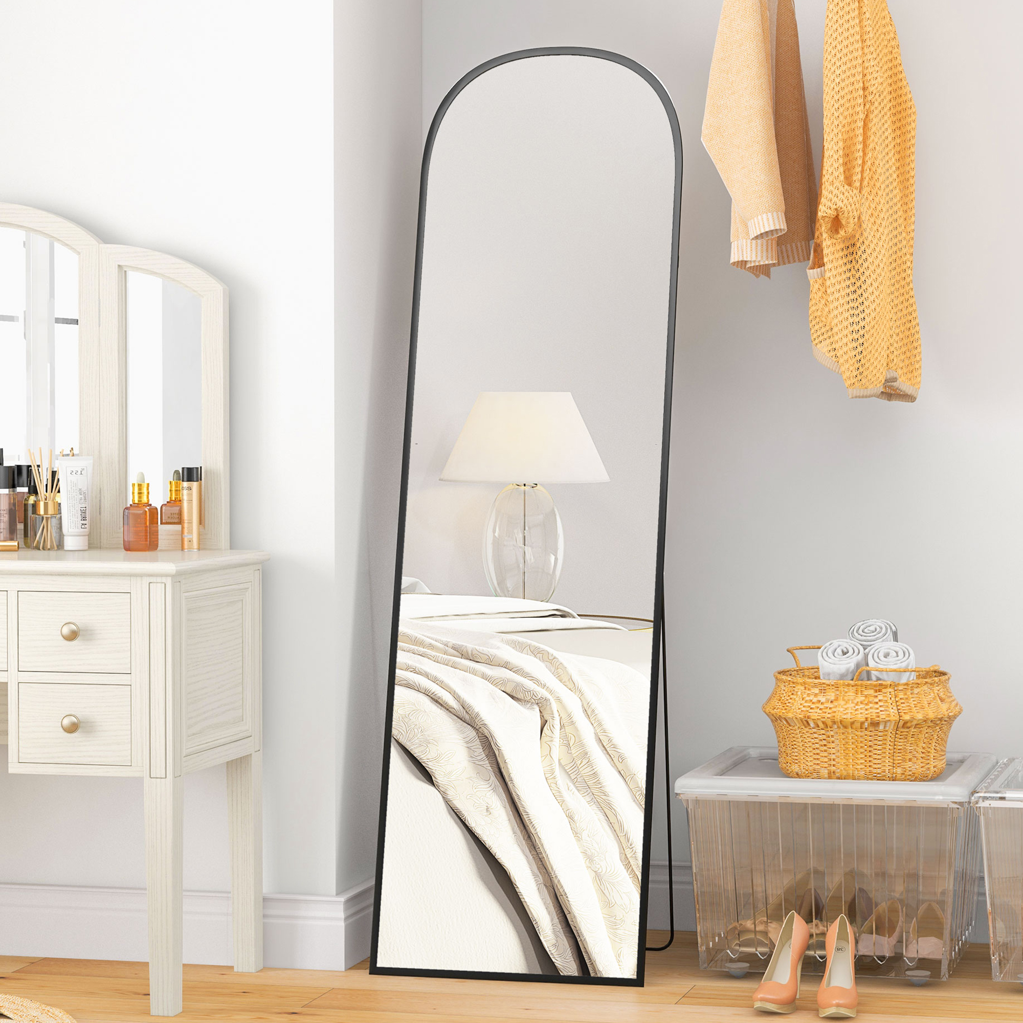 Specchio da Terra e Parete Moderno con Supporto Pieghevole 50x170 cm in Lega di Alluminio Nero...
