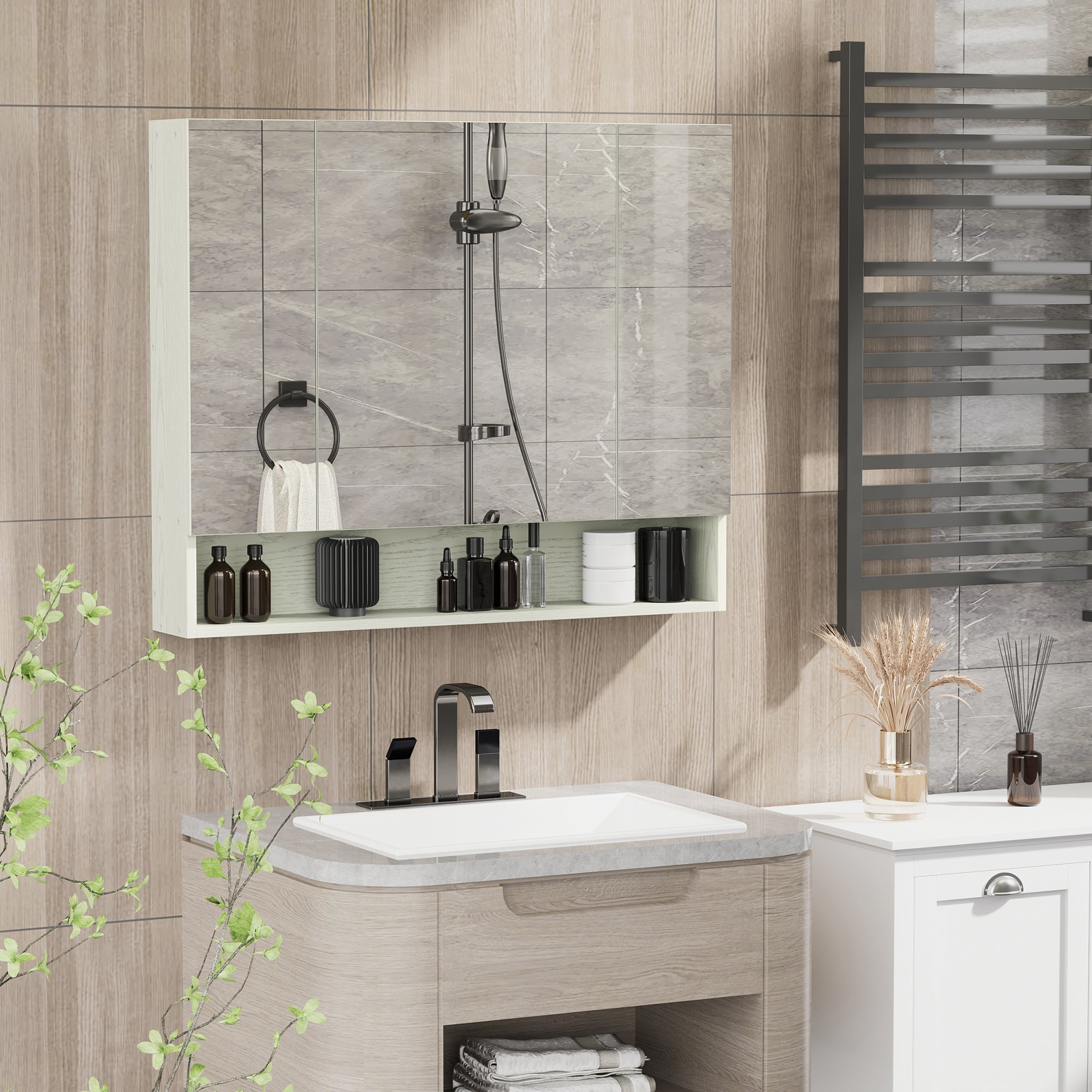 Armadietto a Specchio per Bagno con Ripiani Regolabili 3 Porte e Mensola 90x15x75 cm Bianco