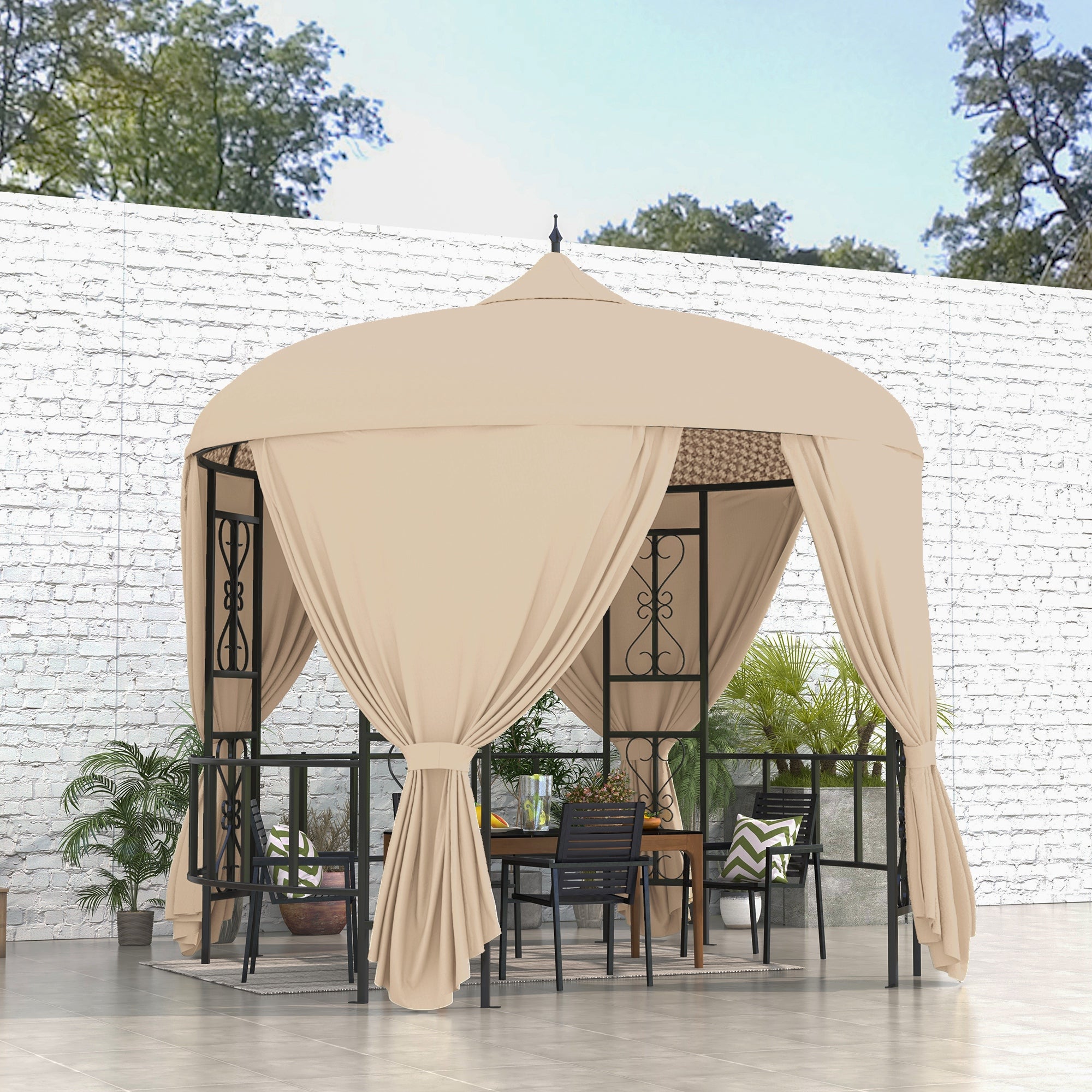 Gazebo da Giardino Rotondo Ø3m con Tende e Prese d'Aria in Metallo e Poliestere Beige...