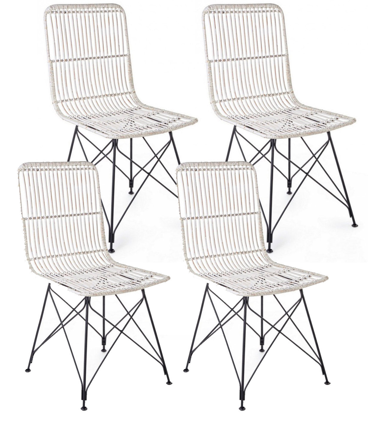 Set 4 Sedie 45x55x85 cm Metal Rattan in Fibre Naturali Bianco