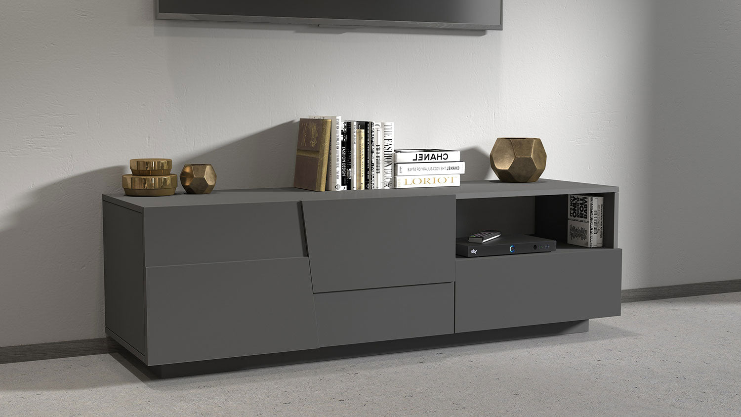 Mobile Tv 2 Anta 1 Cassetto e Ripiano a Giorno 150x45x46 cm Pongo 2A 1C Grigio Antracite Opaco  