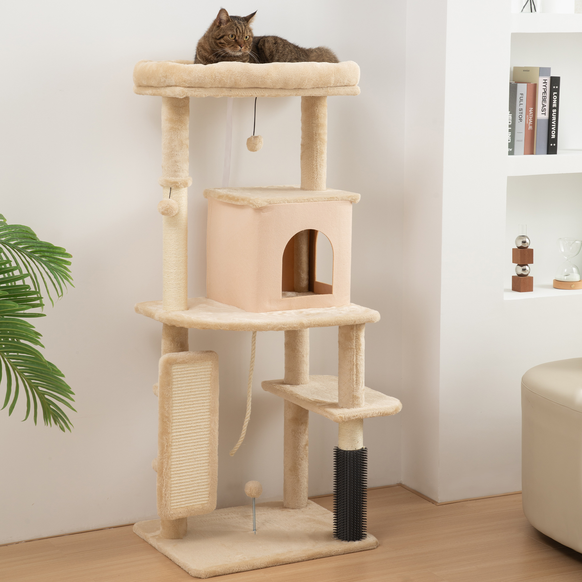 Albero per Gatti Multilivello Alto 132 cm con Casetta Lettino Pali Tiragraffi Spazzola e Pallina Beige...