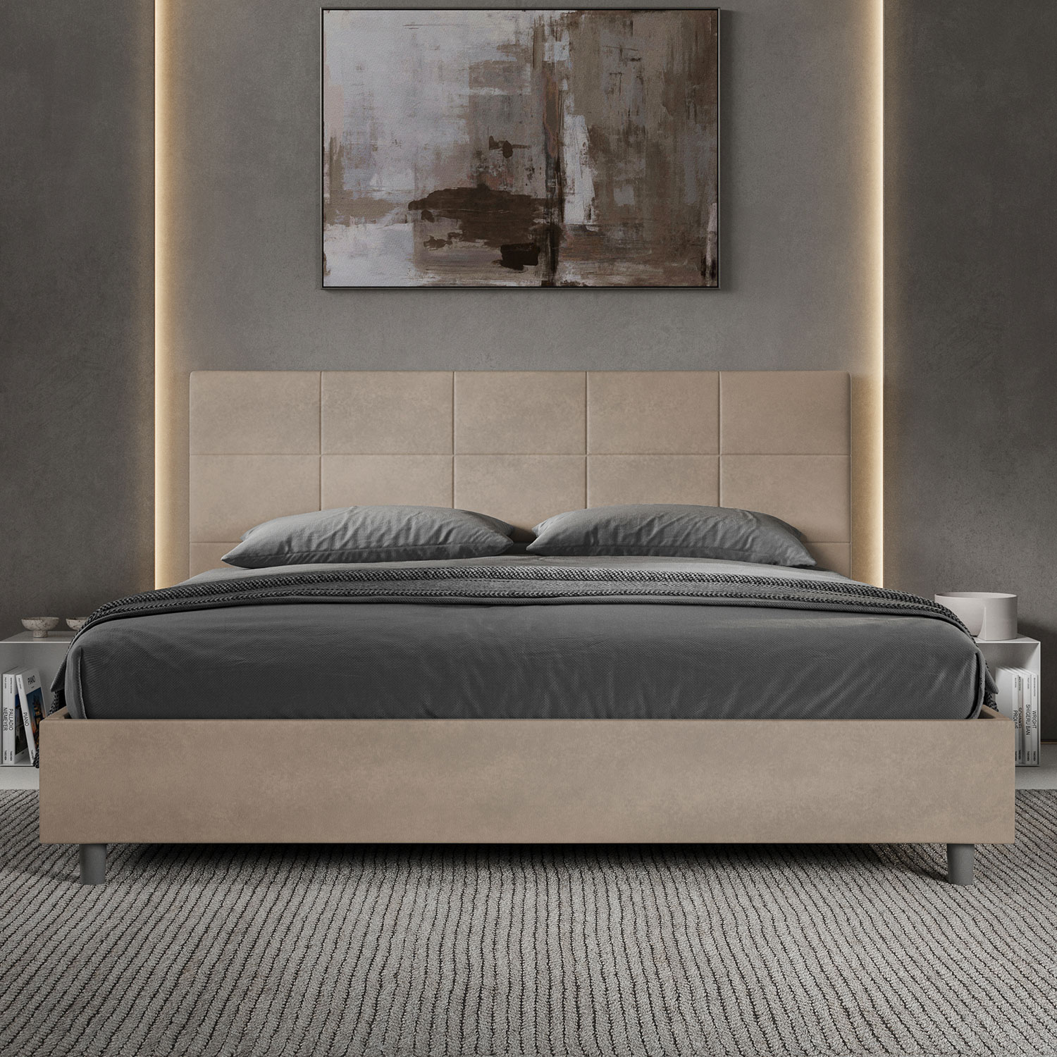 Letto Matrimoniale King Size 180x200 cm Senza Rete Imbottito in Microfibra Mika Sabbia...