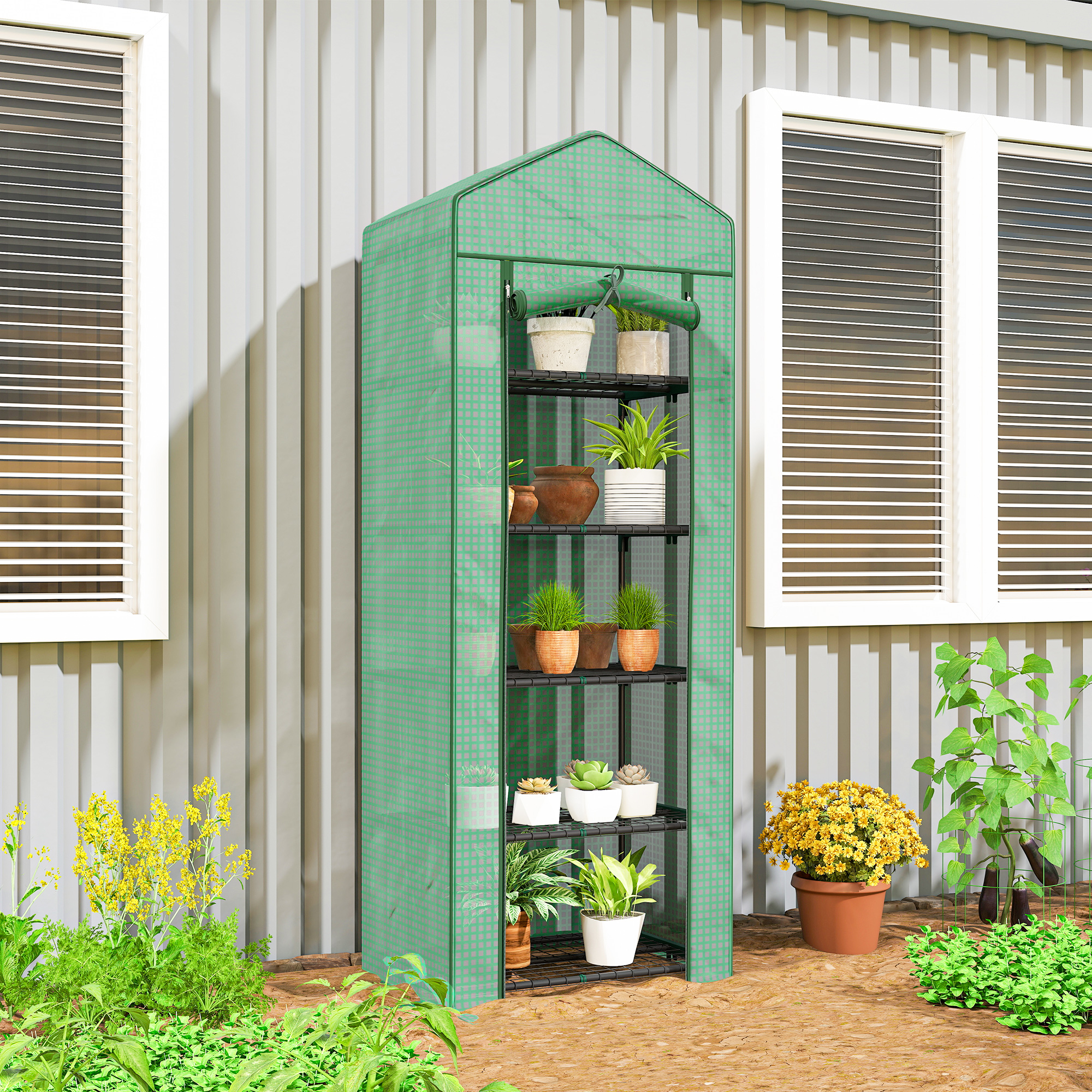 Serra per Piante a 5 Livelli 69x49x193 cm con Porta a Zip in Acciaio e PE Verde...