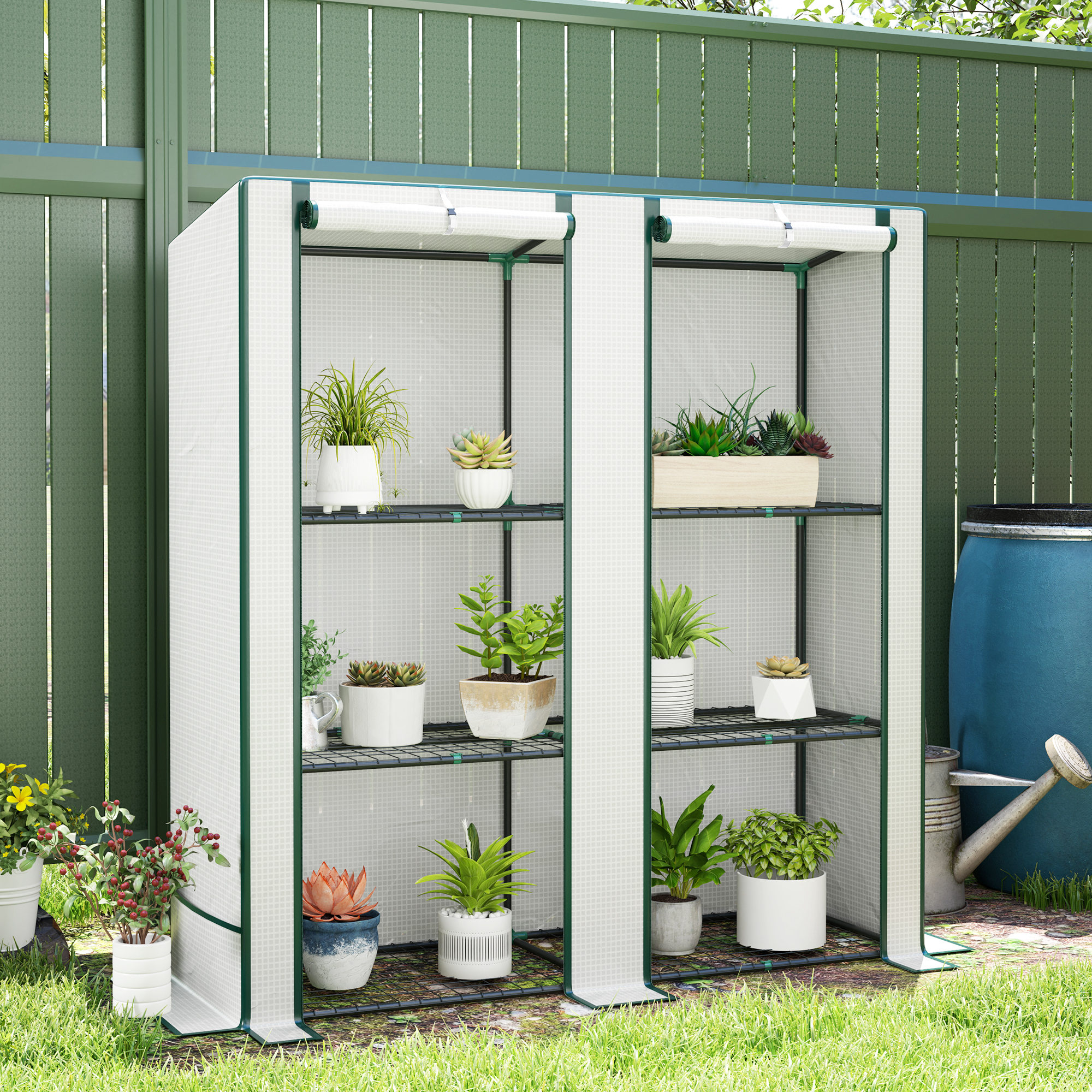 Serra da Giardino 144x48x142-152 cm con 2 Porte Avvolgibili 3 Ripiani e Tasche Laterali in PE Bianco e Verde...