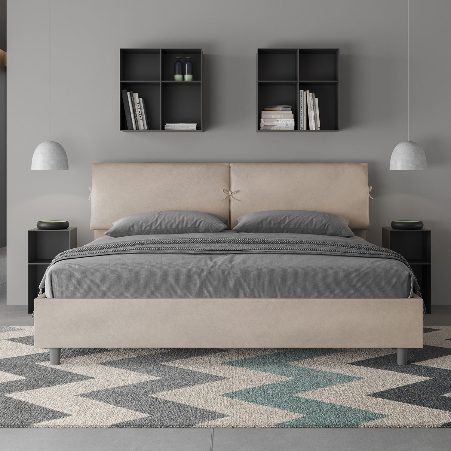 Letto Matrimoniale King Size 180x200 cm Senza Rete Testata con Cuscini Imbottito in Microfibra Mados Sabbia...