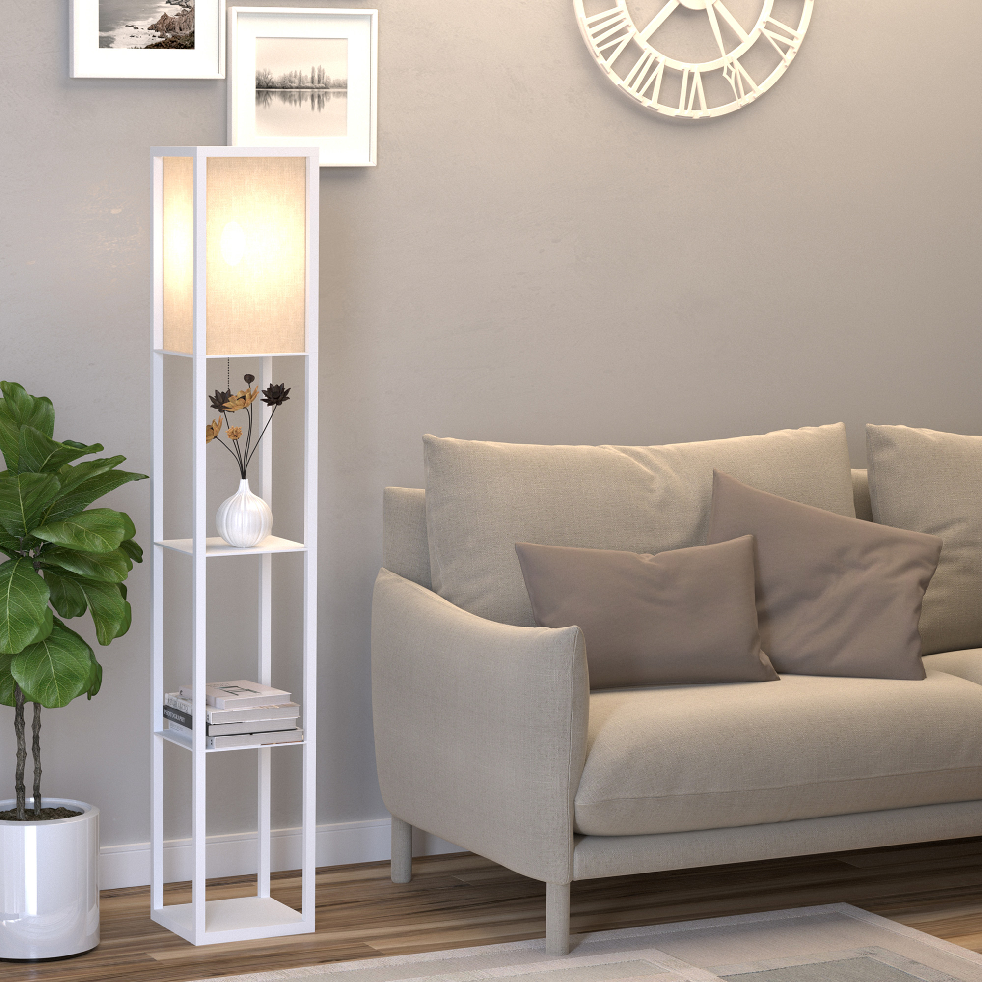 Lampada da Terra con Attacco E27 26x26x160 cm con 3 Mensole e Interruttore a Pedale in MDF e Tessuto Bianco...