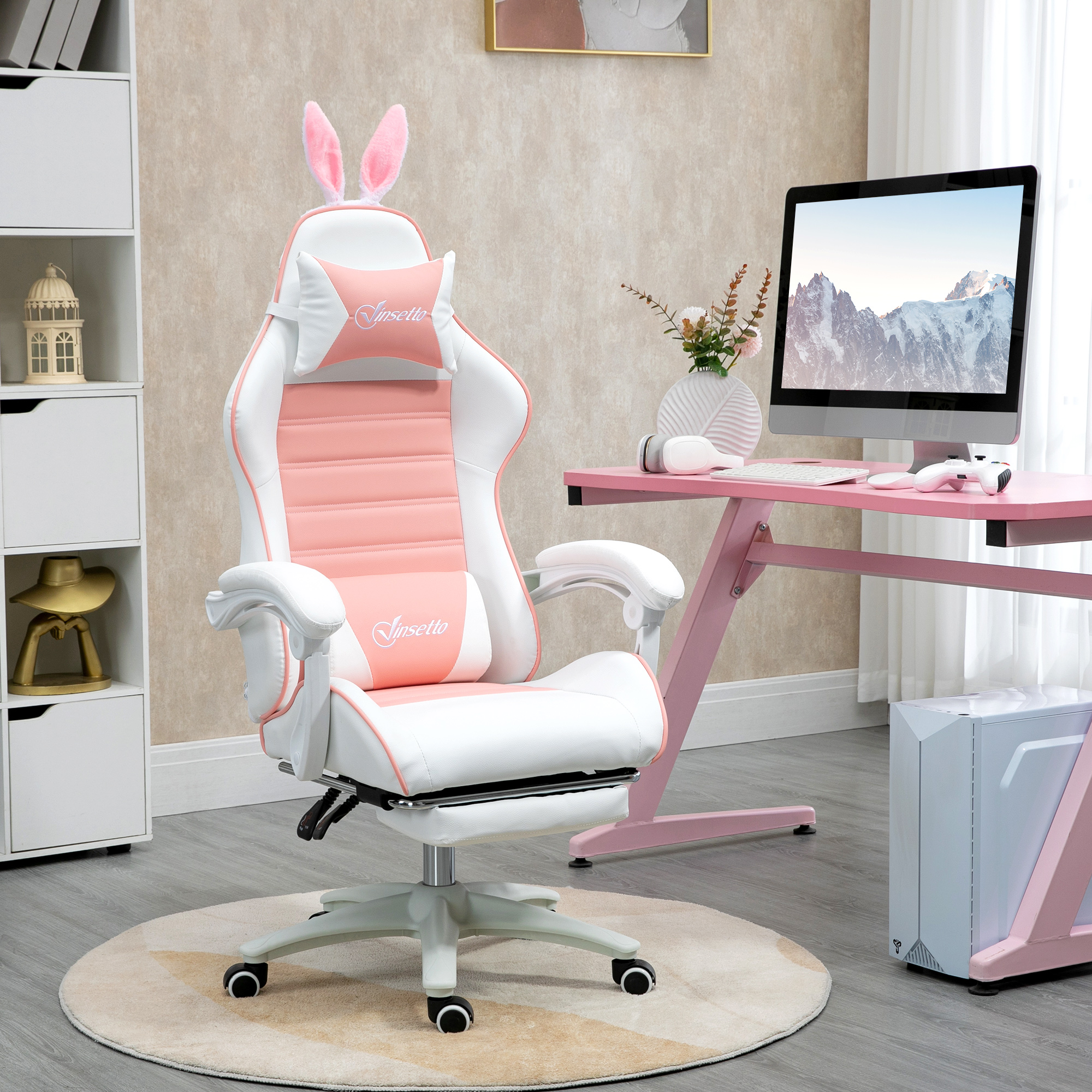 Sedia Gaming Ergonomica 65x63x136-142A cm con Orecchie in Finta Pelle Rosa...