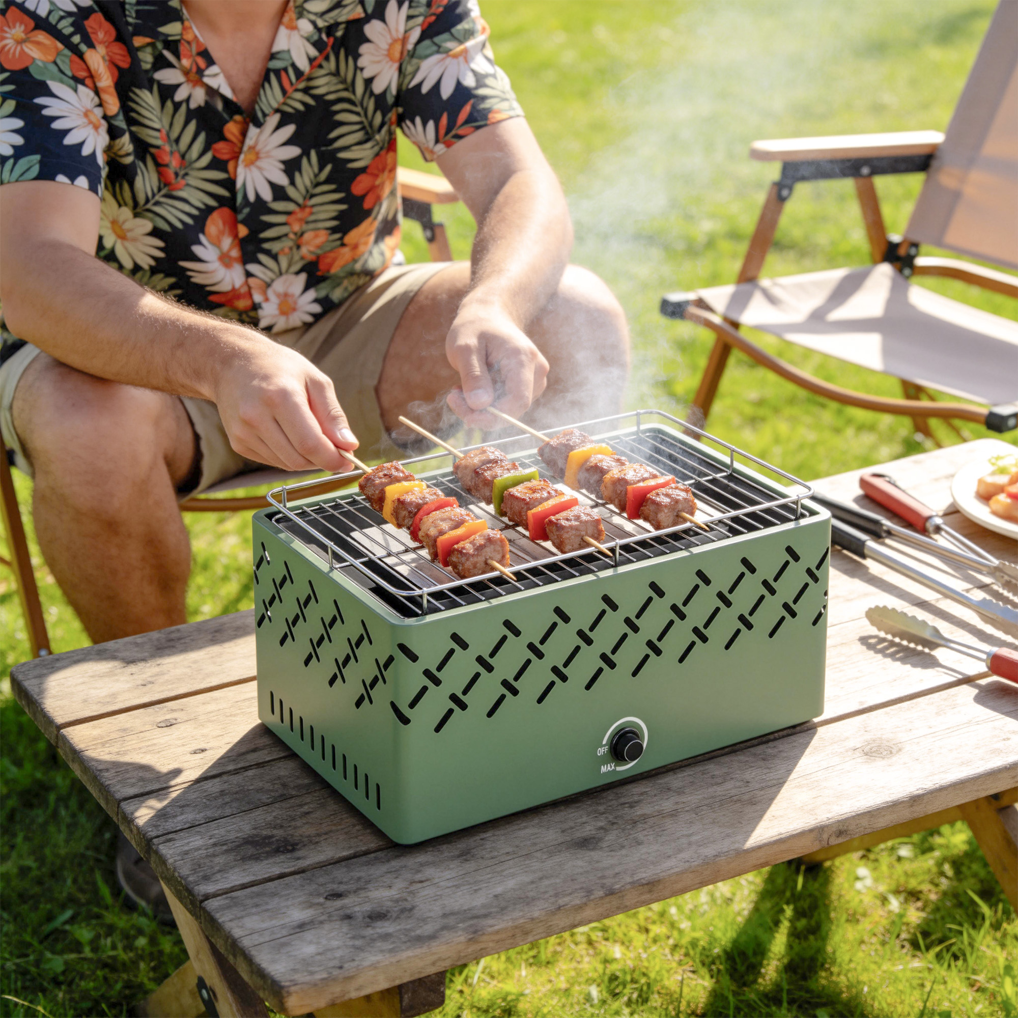 Barbecue Portatile a Carbone 45,5x29x21 cm con Ventilazione Integrata per Esterni in Metallo Verde Chiaro...