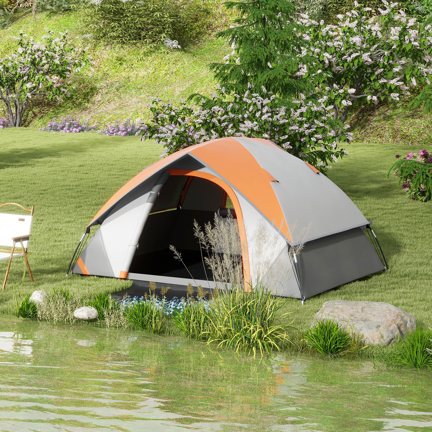 Tenda da Campeggio per 2 Persone Impermeabile 210x150x110 cm Pavimento Esteso Grigio e Arancione   