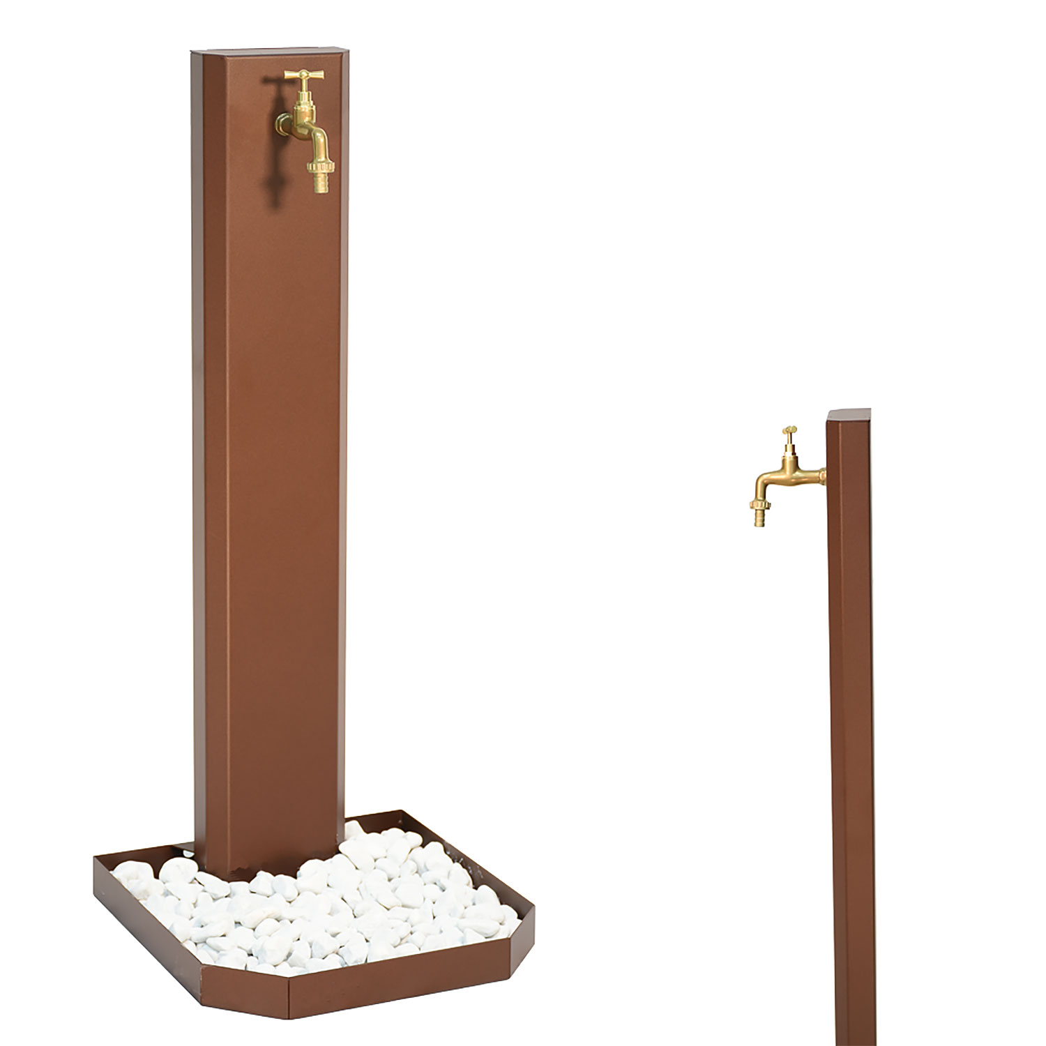 Fontana da Giardino Design a Colonna Ovale Rubinetto in Ottone e Base con Ciottoli Corten