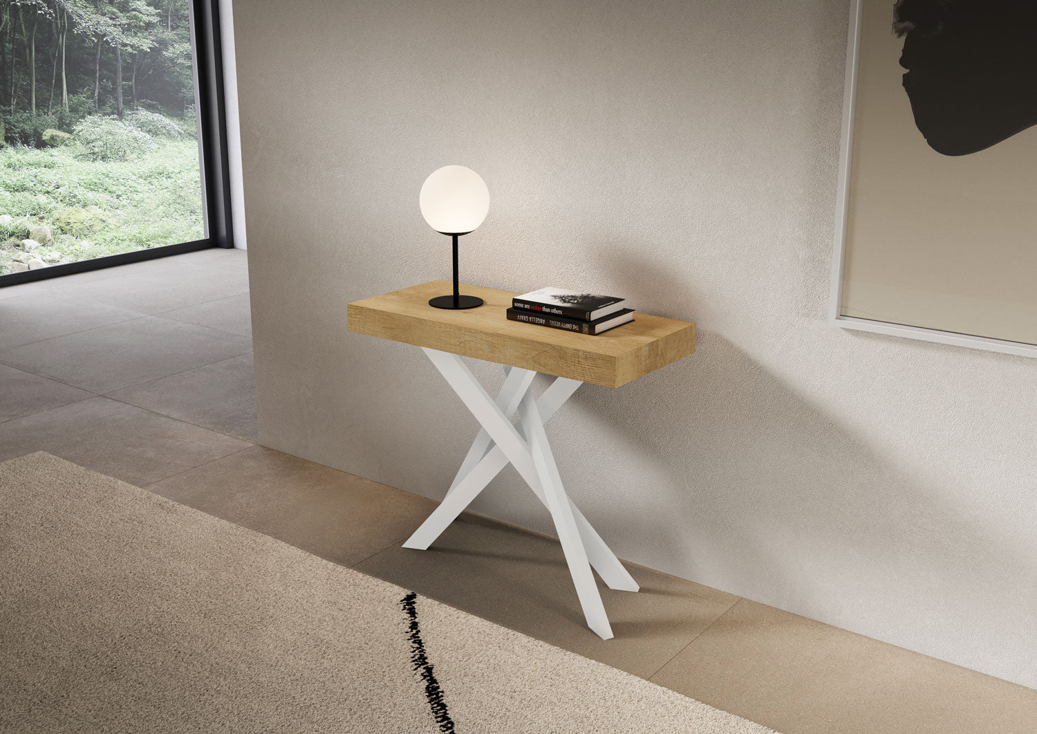 Consolle Allungabile 90-196x40x77 cm Saki Small Premium Quercia Natura Gambe Bianche...