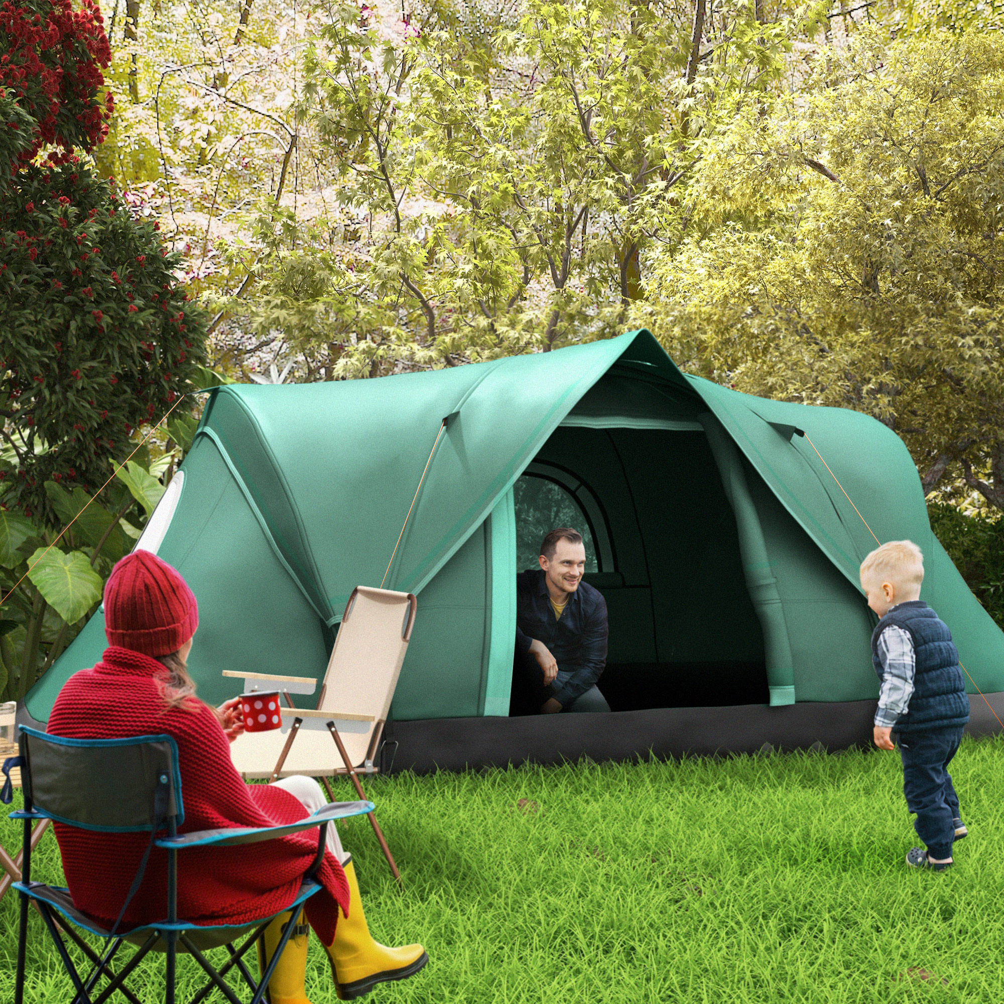Tenda da Campeggio Idrorepellente 455x230x180 cm 6 Posti con Protezione UV e Pali in Fibra di Vetro Verde...