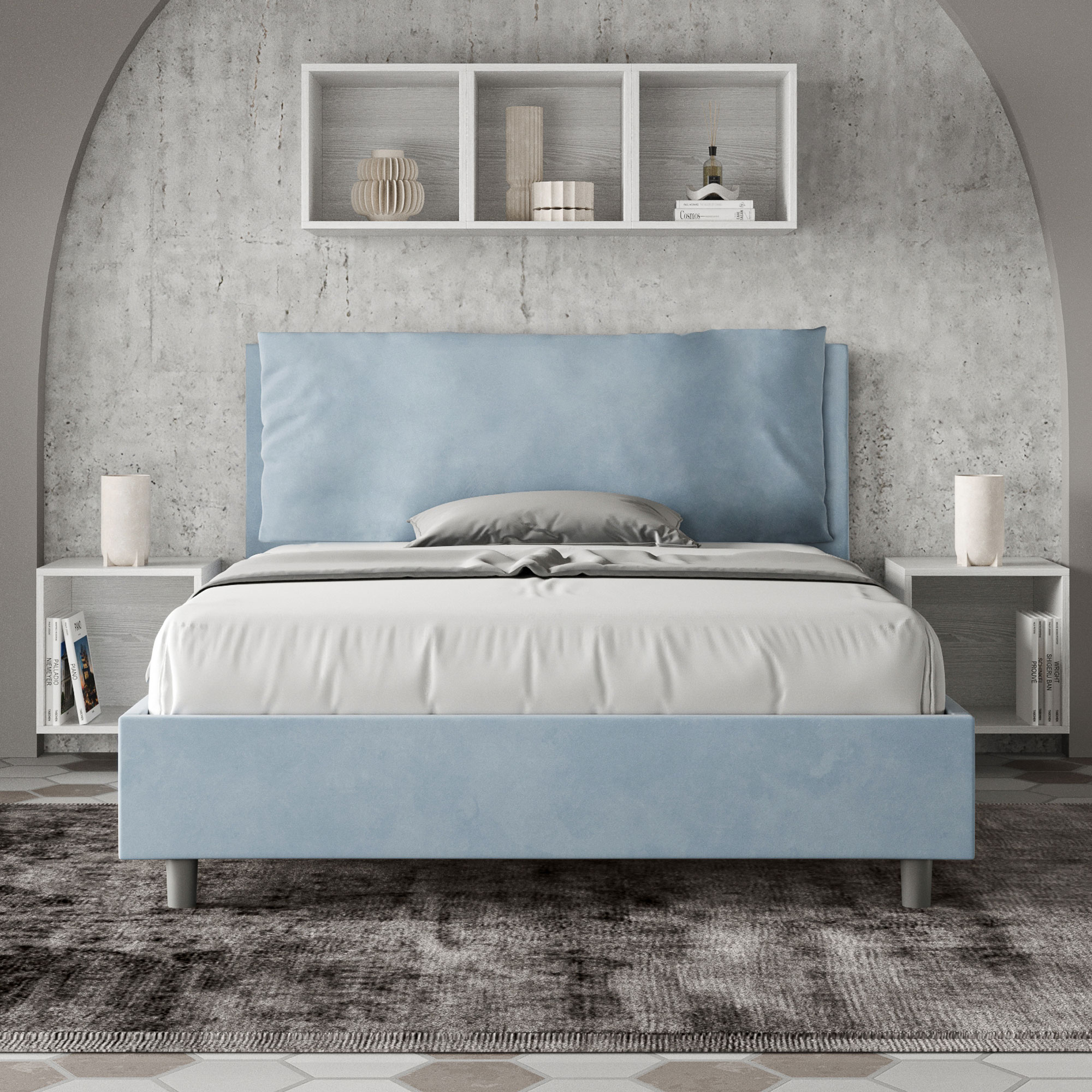 Letto Matrimoniale Francese 140x190 cm Senza Rete Imbottito in Microfibra Antea Large Azzurro...