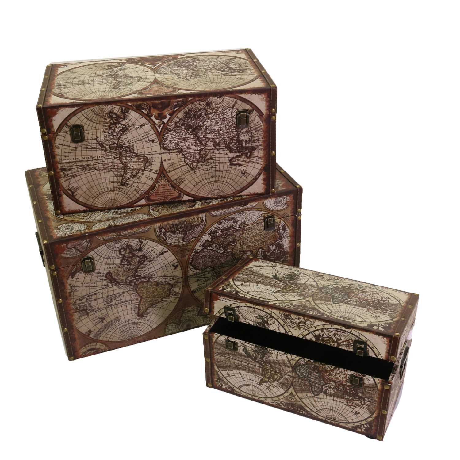 Image of Set 3 Bauli Rettangolari in Similpelle Design Mappamondo Marrone