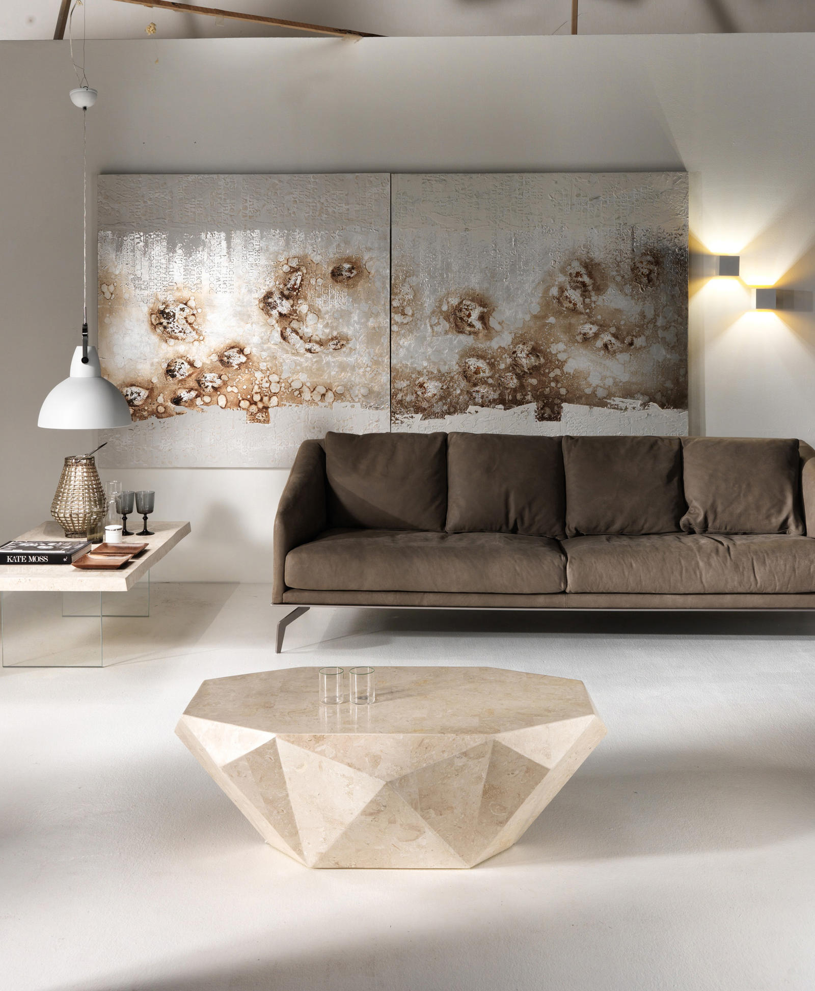 Tavolino da Soggiorno 120x70x40 cm in Pietra Fossile Diamond medium Bege...