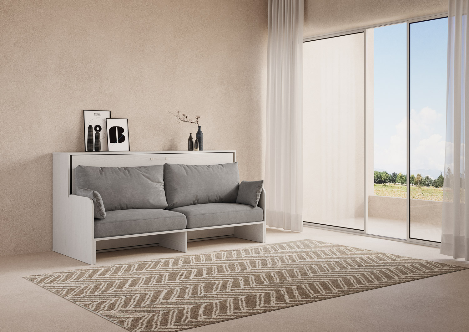 Letto Singolo A Scomparsa Kando Con Divano Bianco Frassino e Grigio...