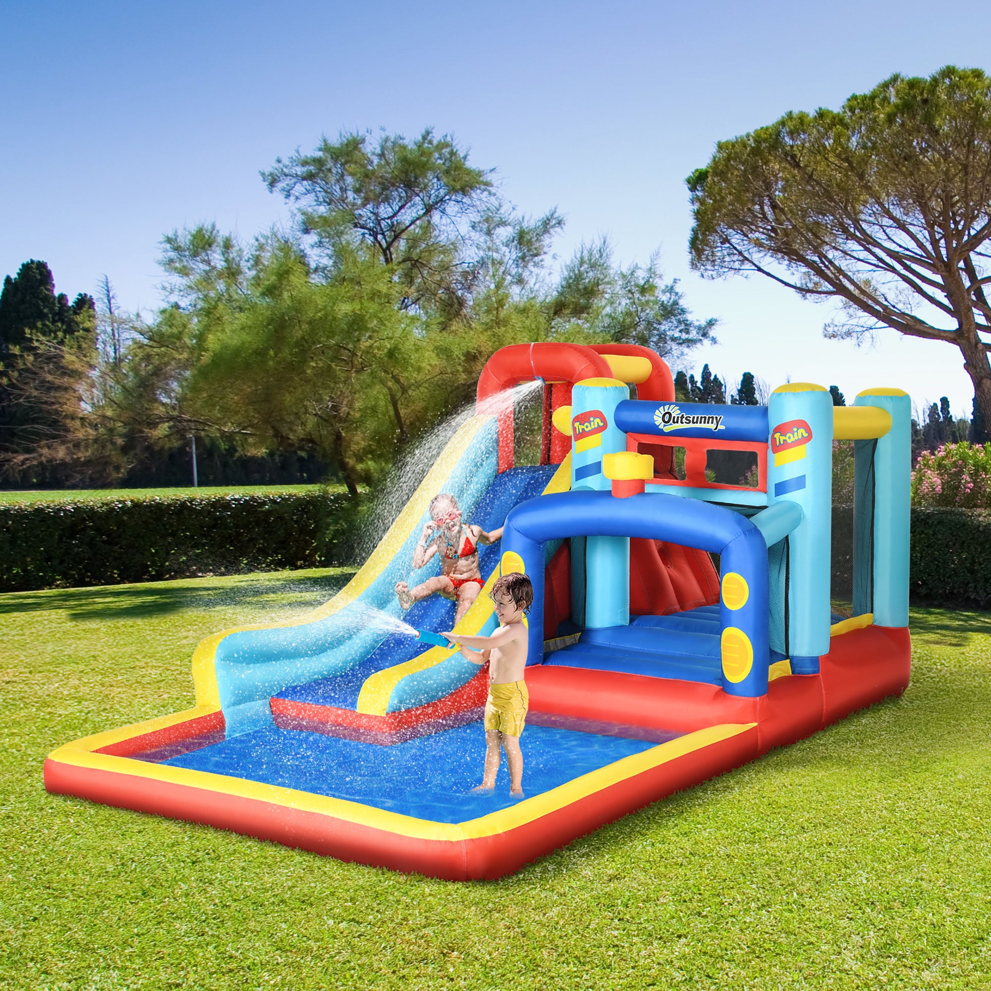 Castello Giostra Gonfiabile 435x245x200 cm con Scivolo Piscina e Pompa Multicolor...